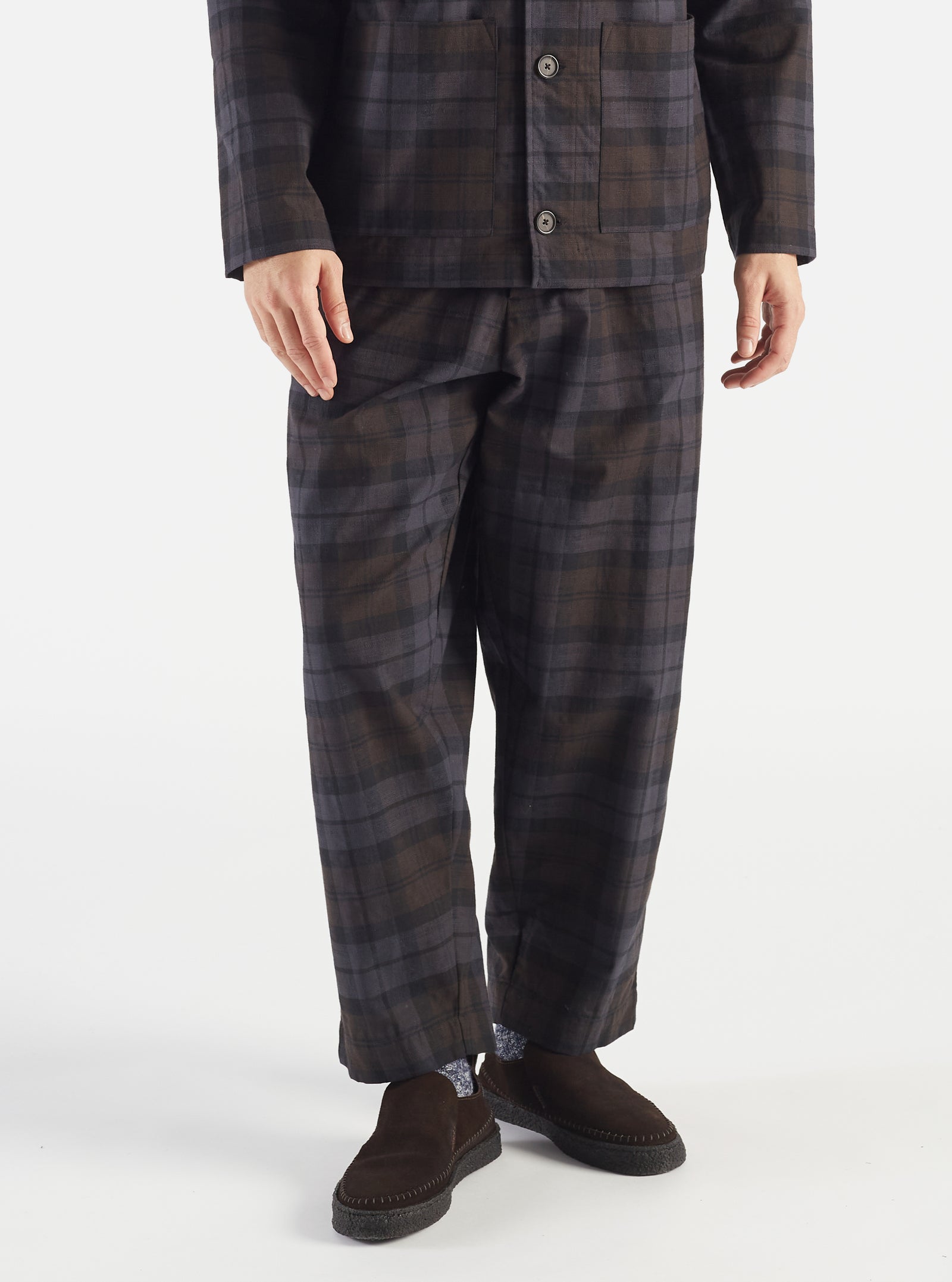 Universal Works Pleated Track Pant in Olive Portuguese Check Seersucke