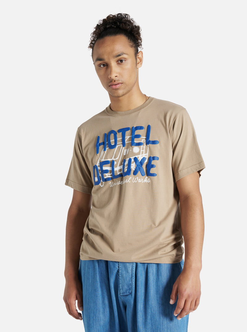 Universal Works Print Tee in Sand 'Hotel Deluxe' Single Jersey