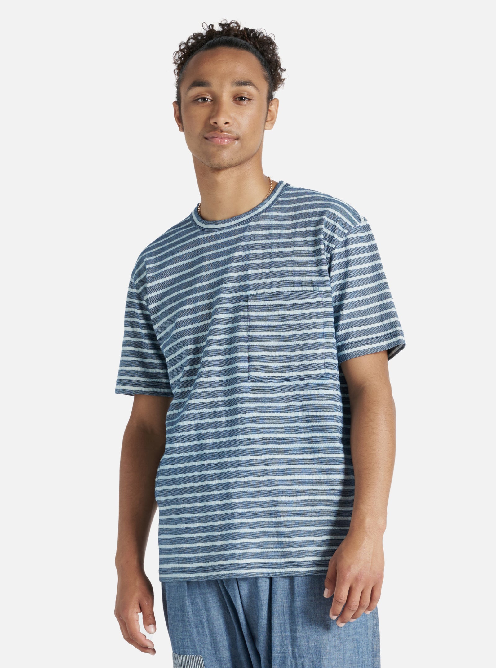 Universal Works Relaxed Tee in Indigo Textured Knit Stripe