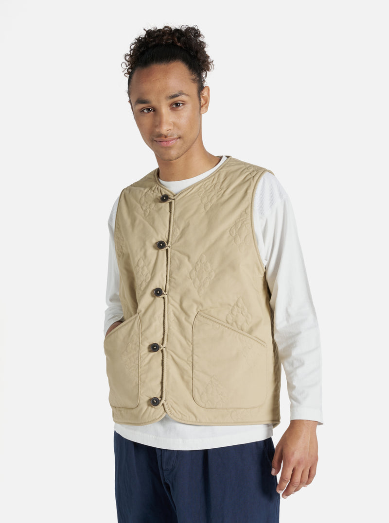 Universal Works Quilted Piped Liner Gilet in Sand Recycled Poly Tech