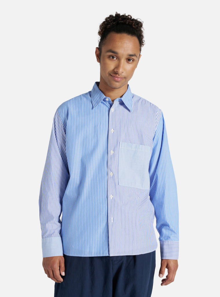 Universal Works Square Pocket Shirt in Blue/White Classic Principe Mix