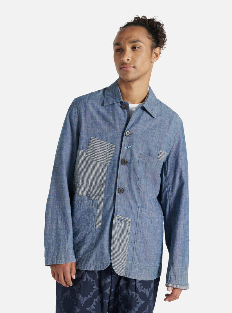 Universal Works Patched Bakers Jacket in Indigo Chambray/Hickory Stripe Denim