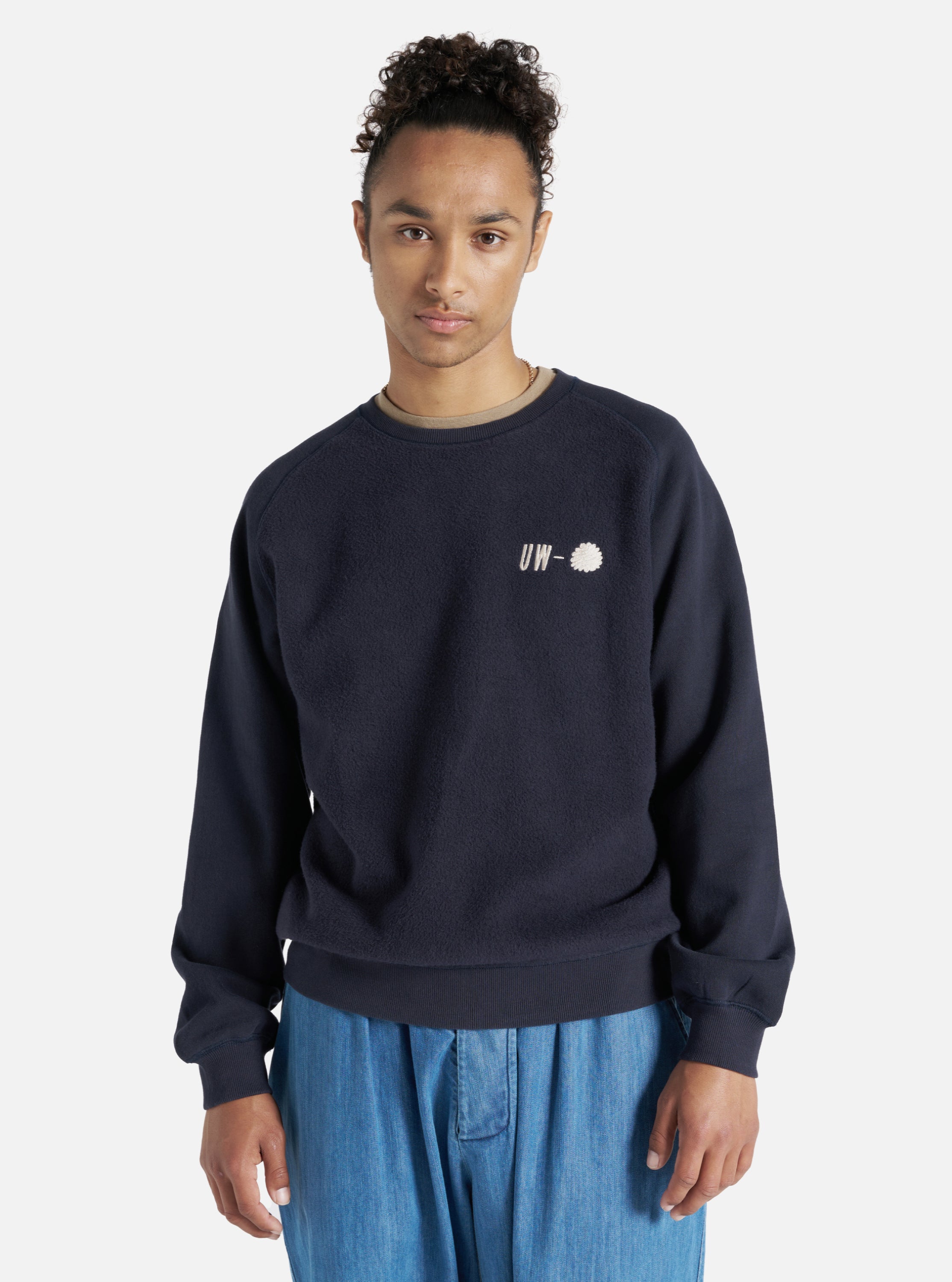 Universal Works Crew Sweat in Navy 'Hotel Deluxe' Embroidered Brush Ba