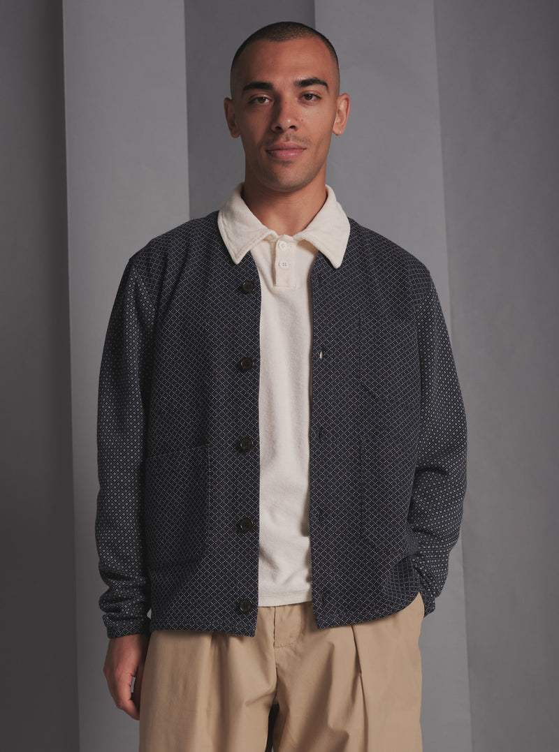 Universal Works Cardigan in Navy Cotton Mix Fleece