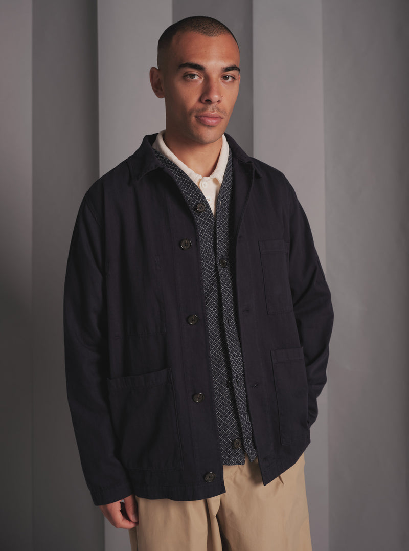 Universal Works Coverall Jacket in Dark Navy Herringbone Cotton