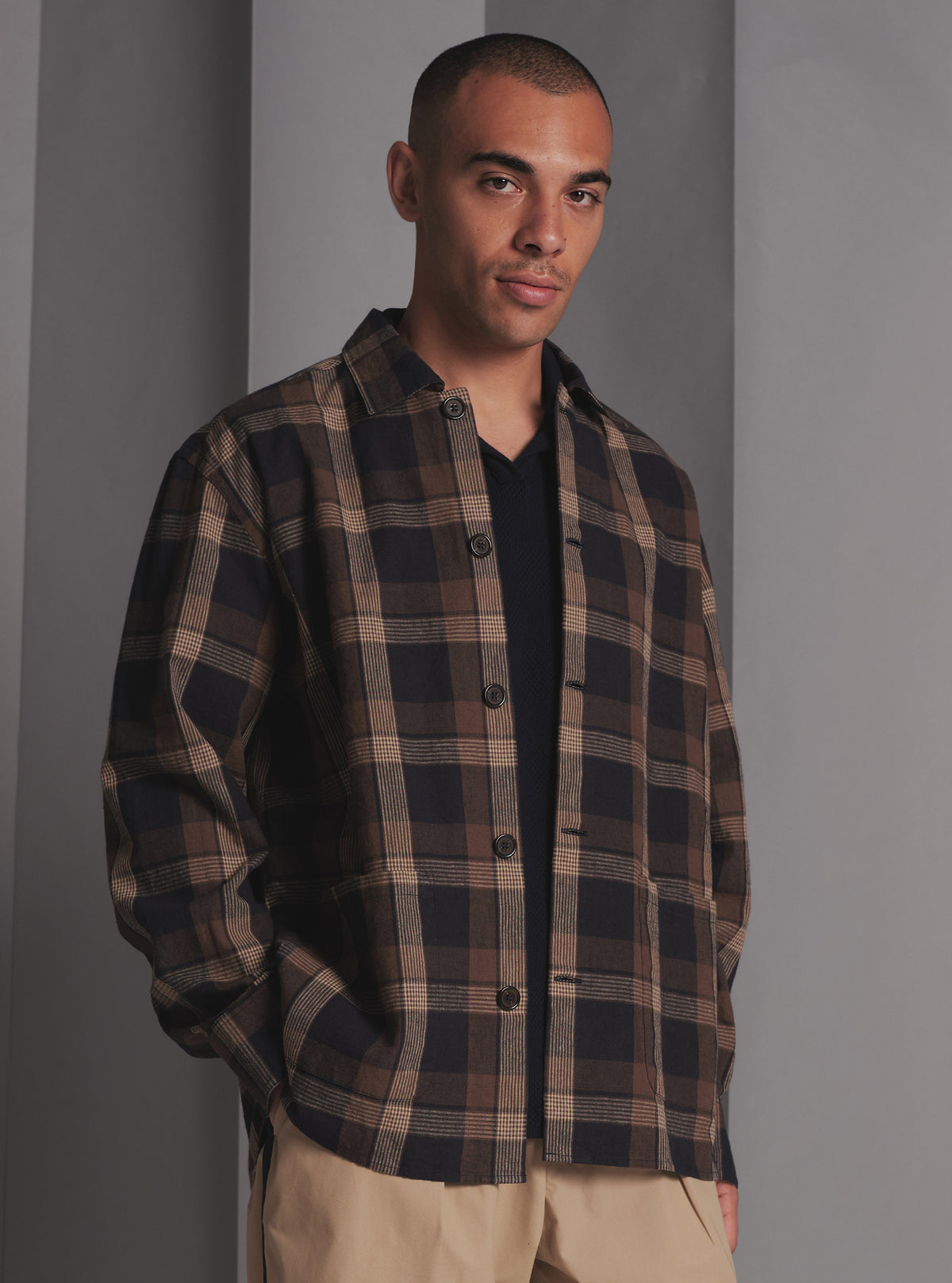 Universal Works Travail Overshirt in Navy/Brown Lincot Big Check