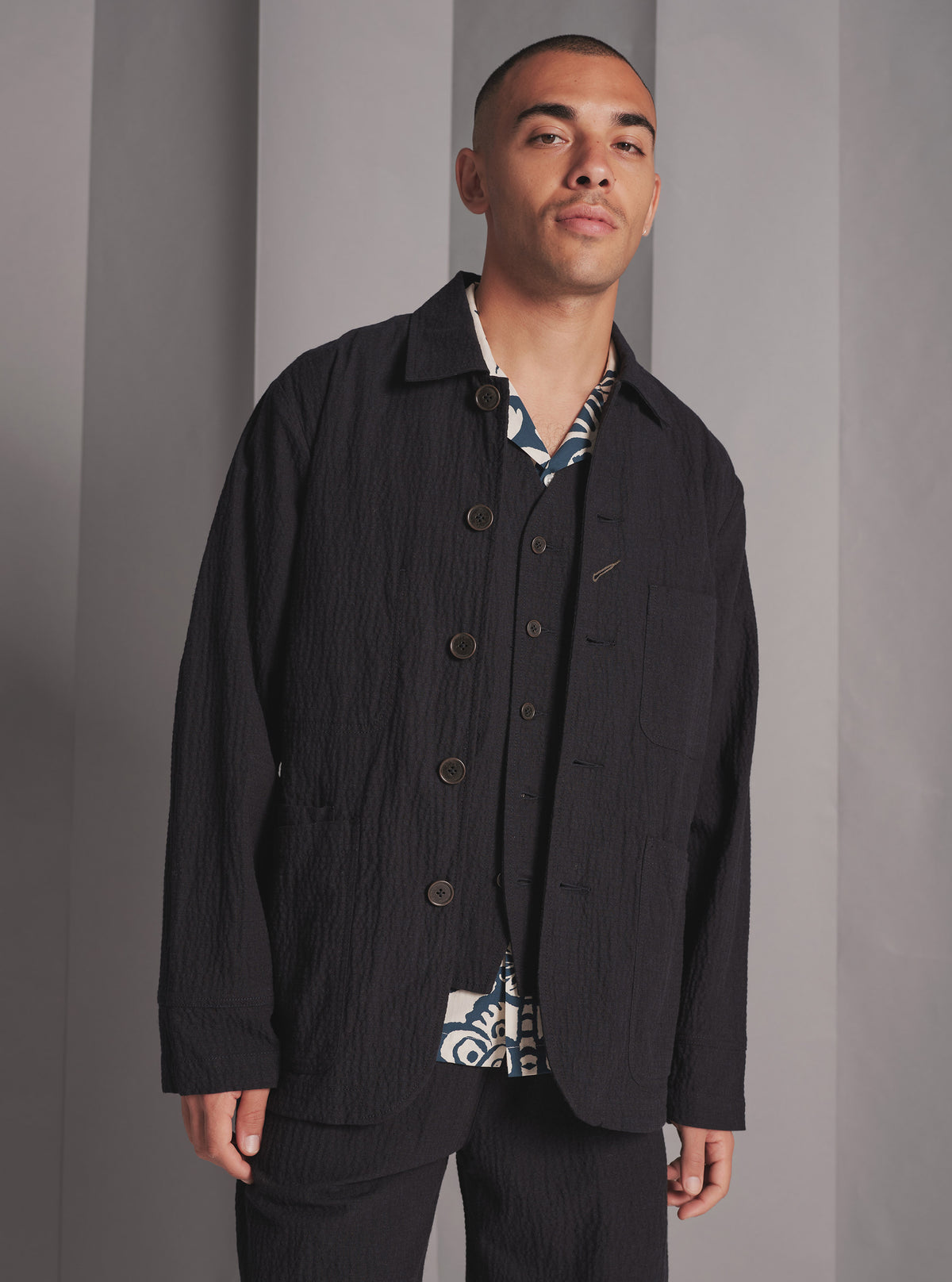 Universal Works Original Bakers Jacket in Dark Navy Ospina Cotton