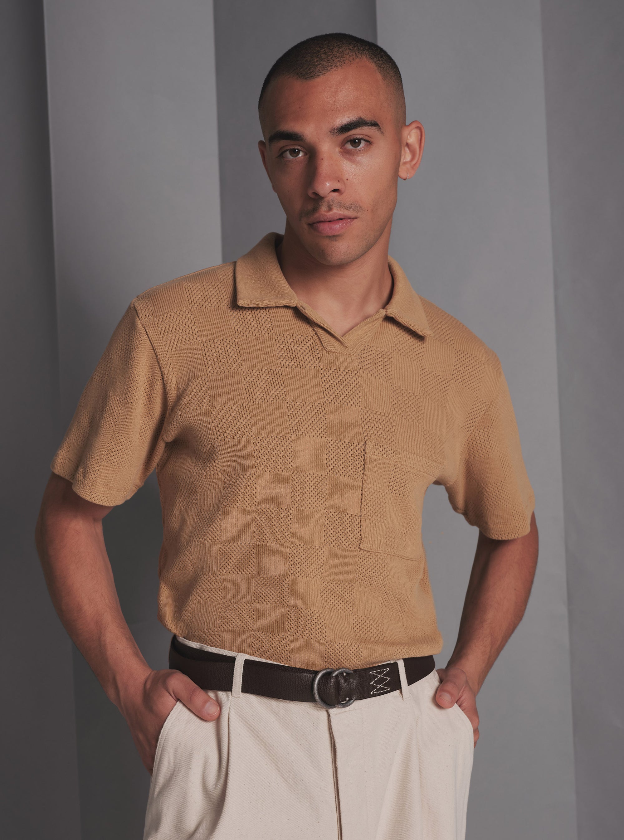 Universal Works Vacation Polo in Sand Fantasy Checkerboard