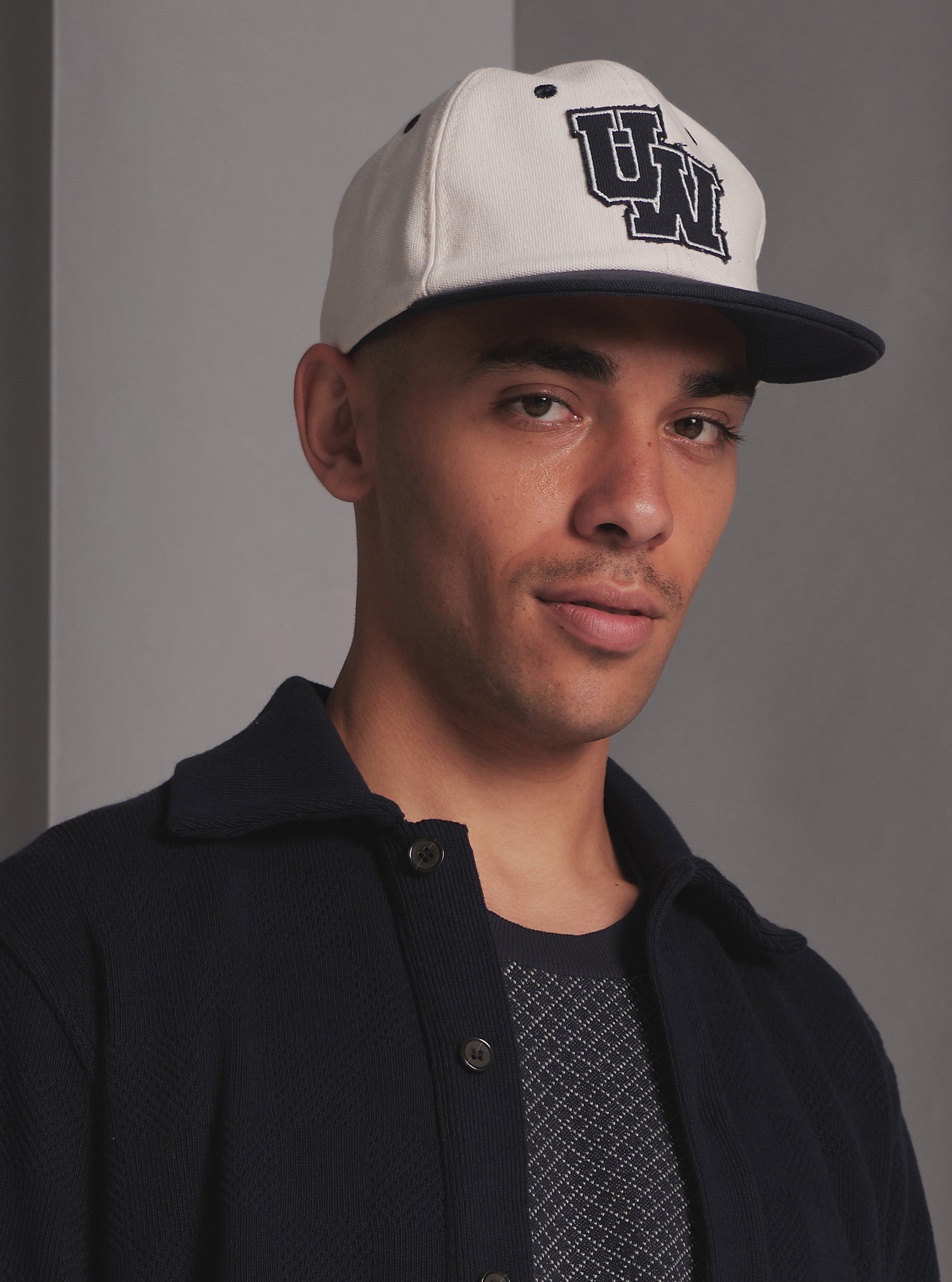 Universal Works Baseball Hat in Ecru/Navy Canvas