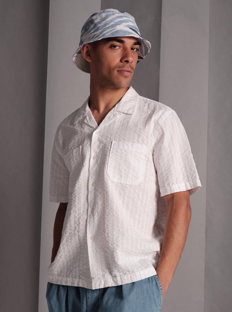 Universal Works Sal Road Shirt in White Kos Self Stripe