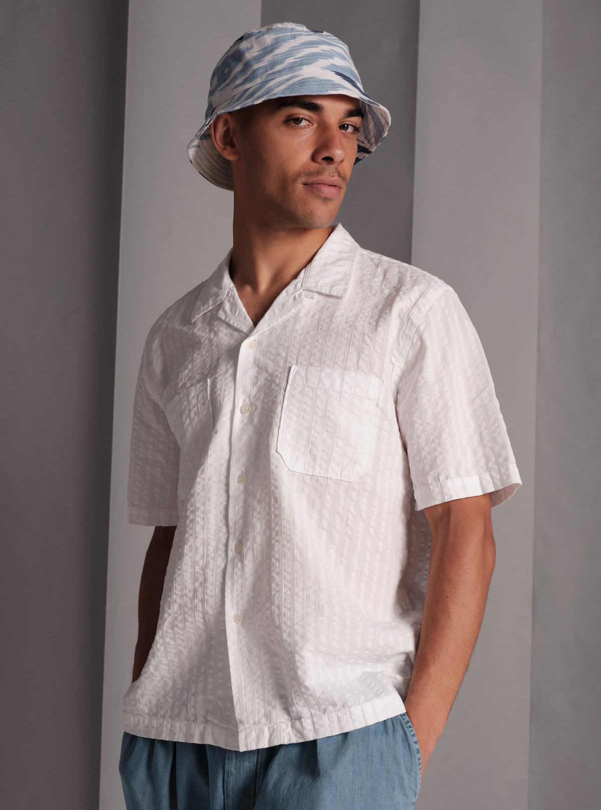 Universal Works Sal Road Shirt in White Kos Self Stripe