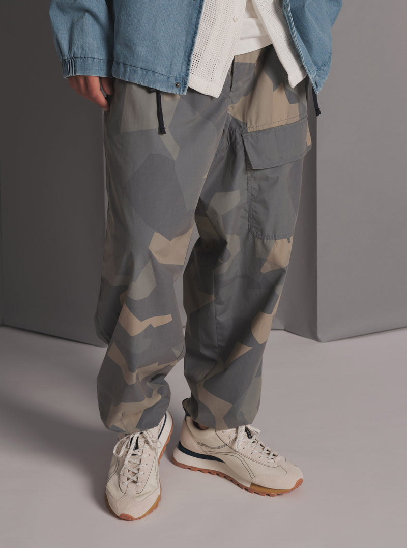 master-piece x Universal Works Loose Pilot Trouser in Blue Camo Printed Recycled Polytech