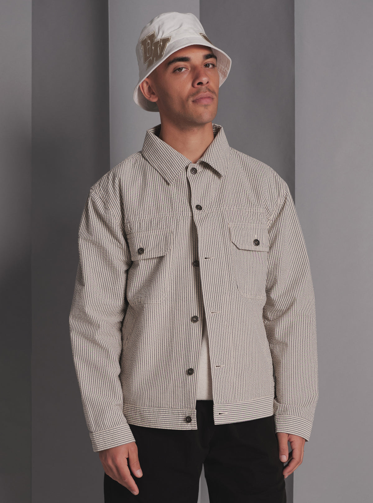 Universal Works Trucker Jacket in Grey Derby Stripe