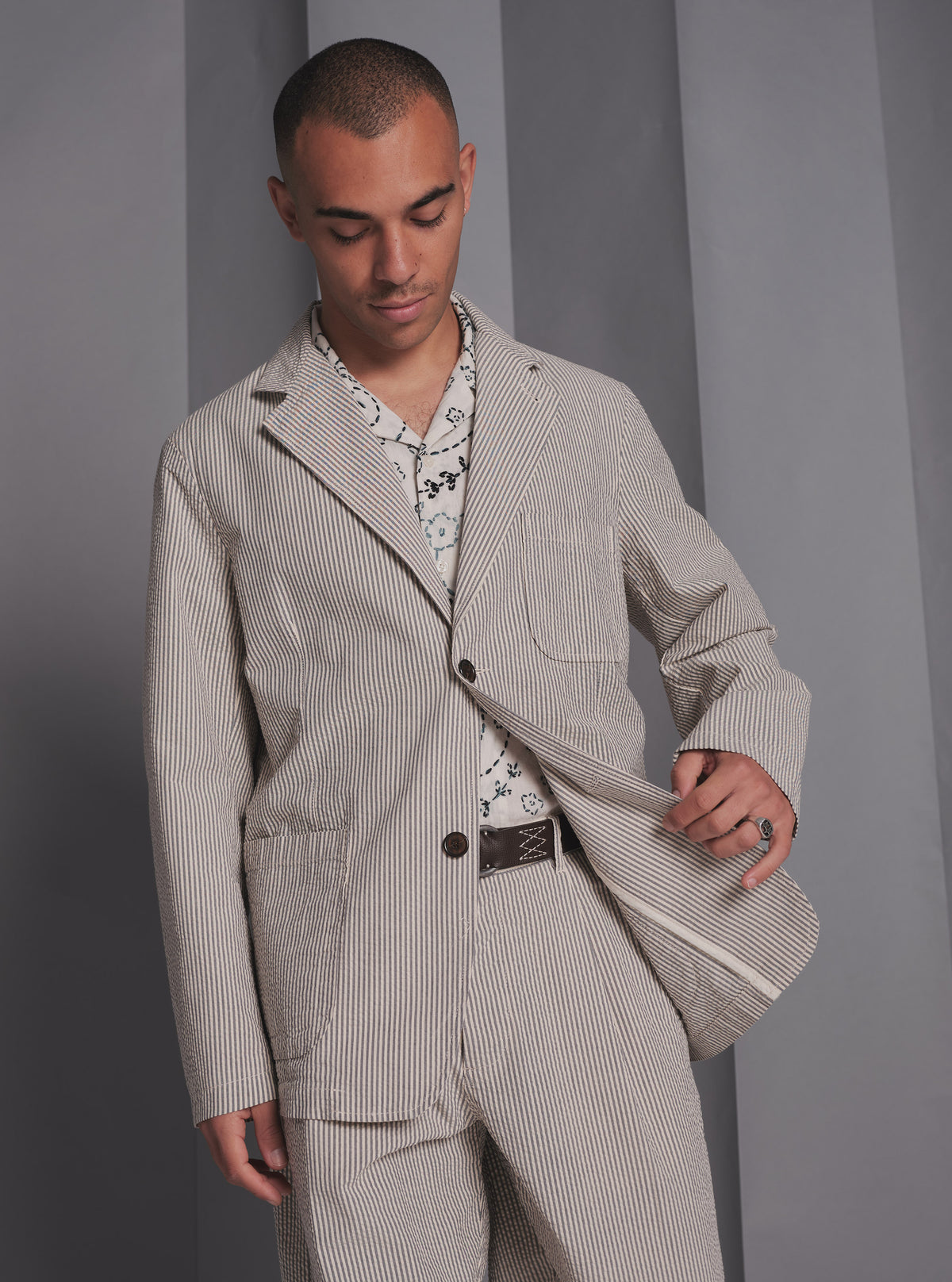 Universal Works Two Button Jacket in Grey Derby Stripe