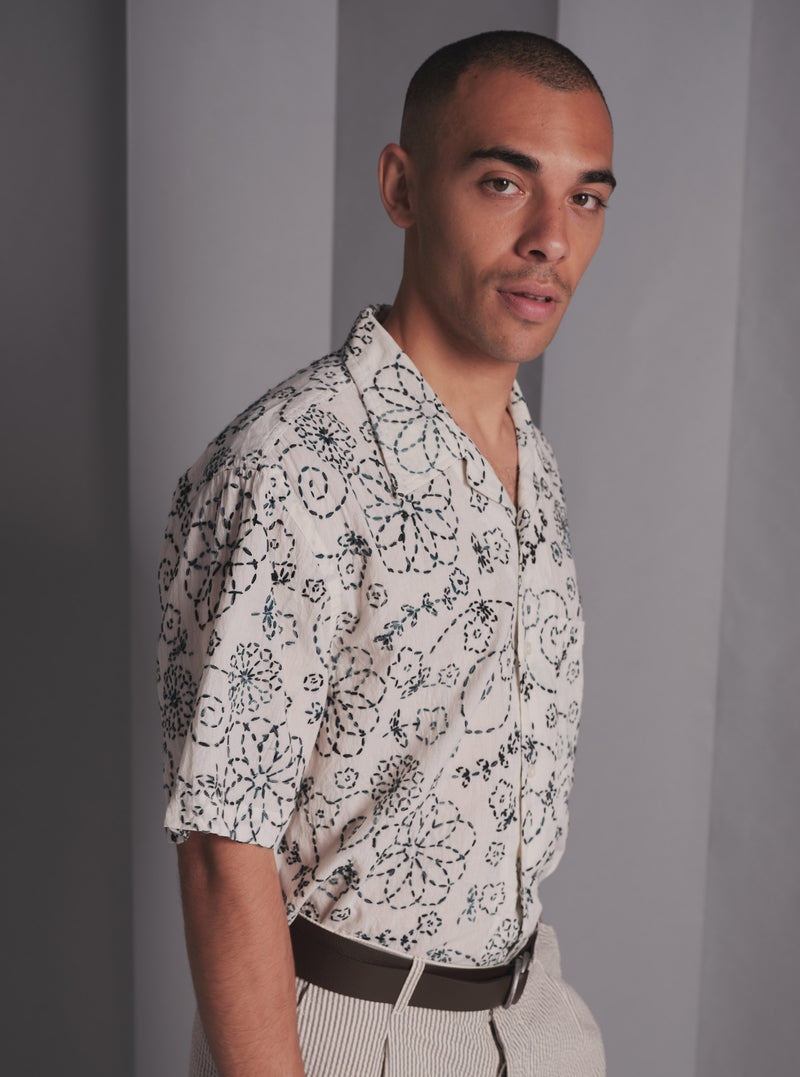 Universal Works Camp Shirt in Ecru Charcoal Kantha Cotton