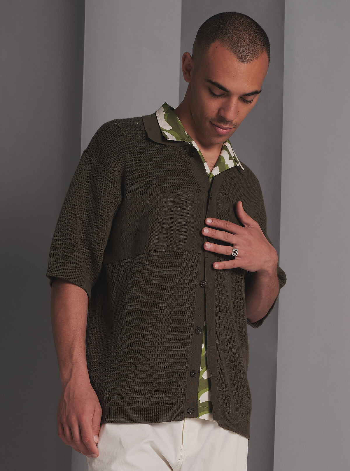 Universal Works S/S Knit Shirt in Olive Open Knit