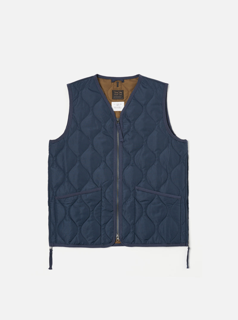 Taion Military V-Neck Down Vest in Dark Navy Ripstop