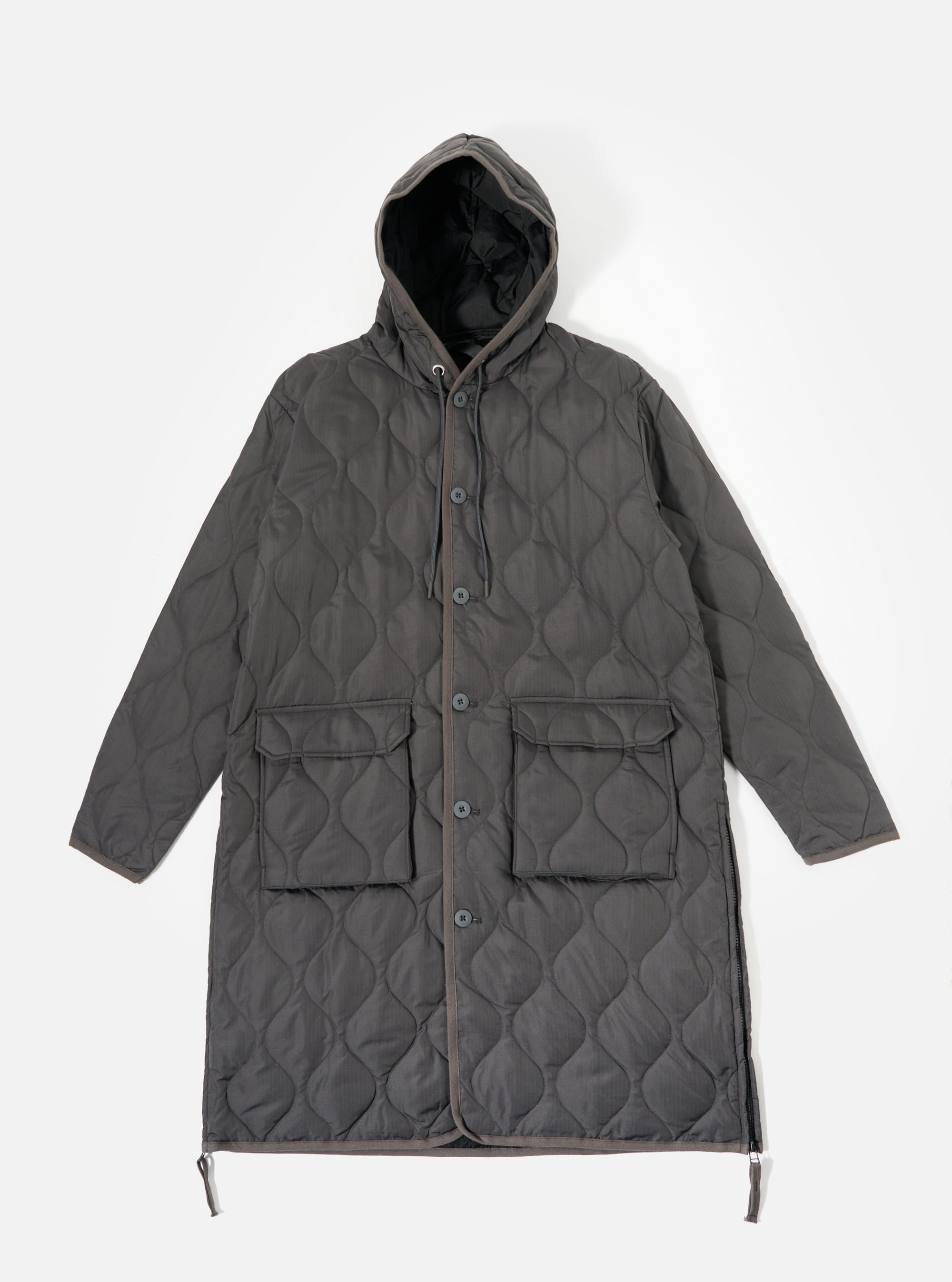 Taion Military Hood Long Down Jacket in Charcoal Ripstop