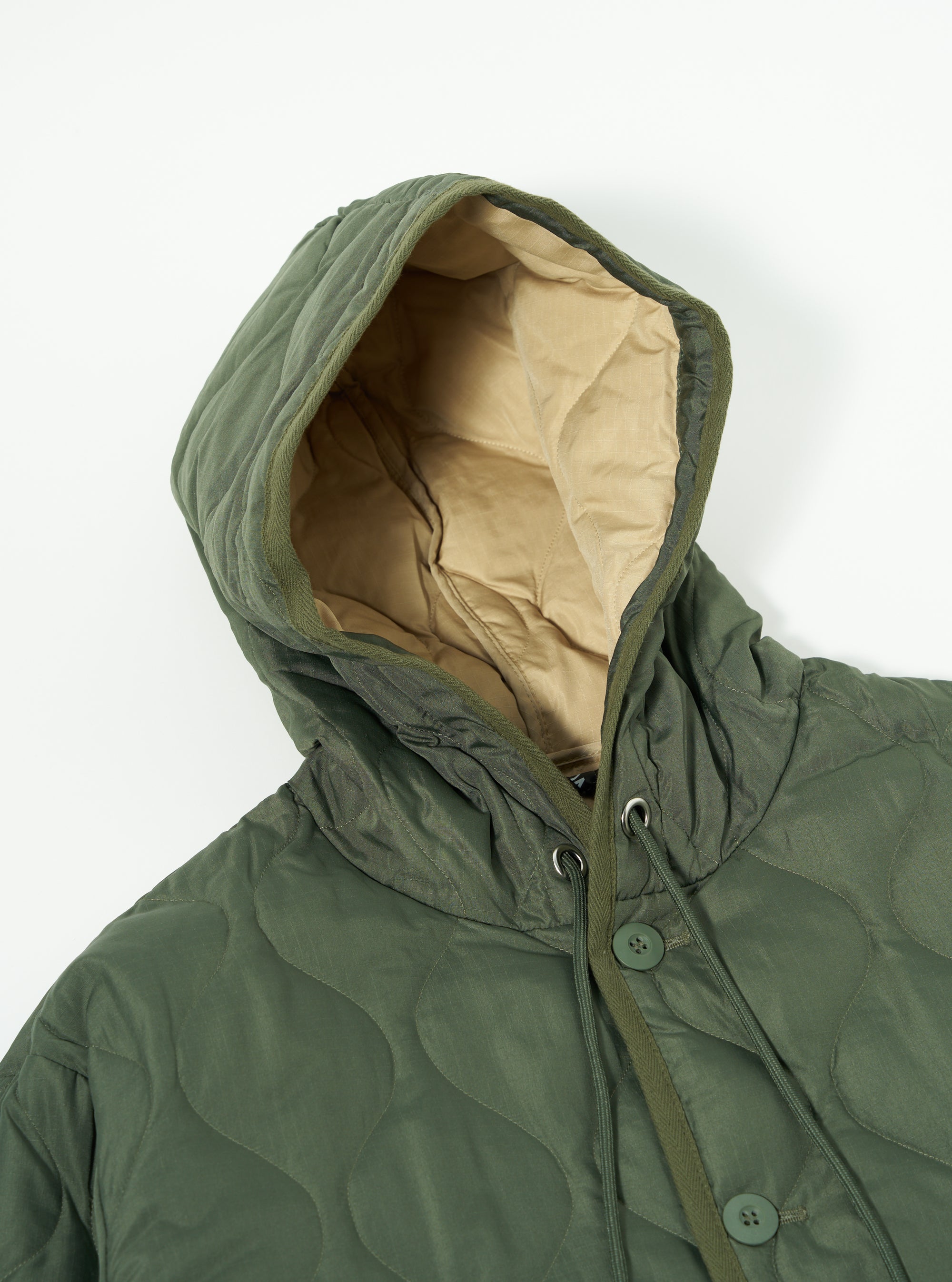 Taion Military Hood Long Down Jacket in Olive Ripstop