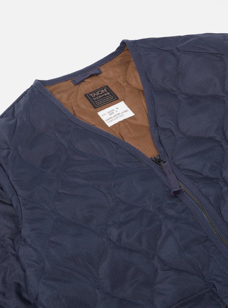Taion Long Military V Neck Zip Down Coat in Dark Navy Ripstop