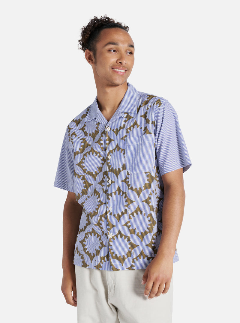 Universal Works Road Shirt in Gold/Blue Sun Print Stripe
