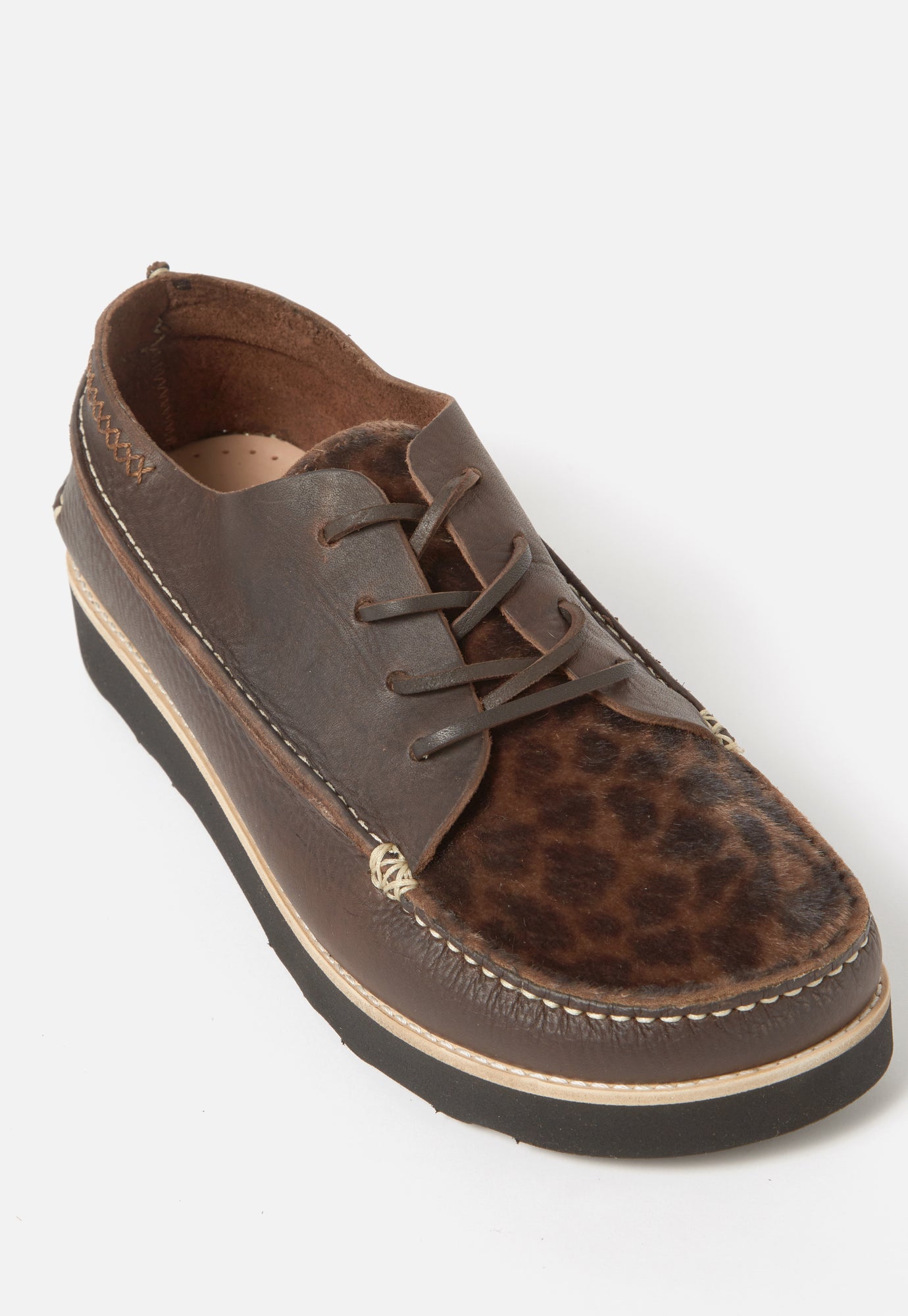 Yogi x Universal Works Finn in Dark Brown/Leopard Tumbled/Fur Leather