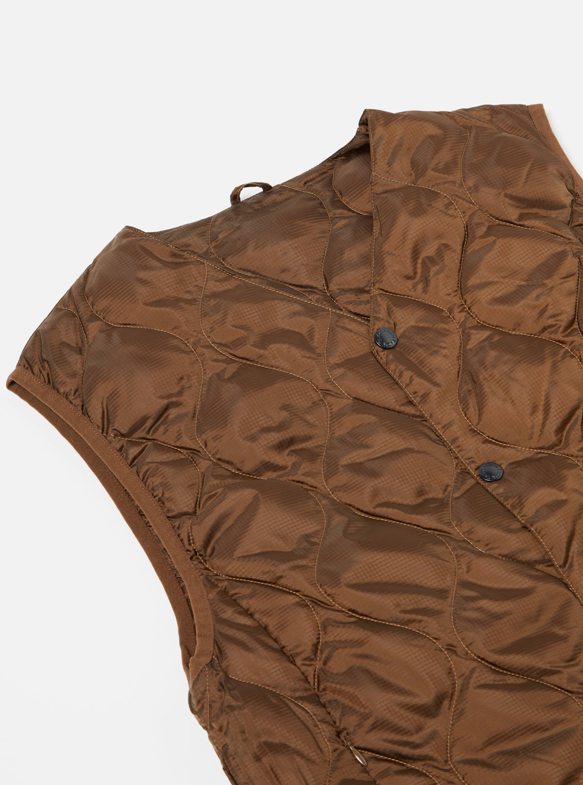 Taion by F/CE. Packable Down Vest in Brown Nylon Ripstop/Duck Down