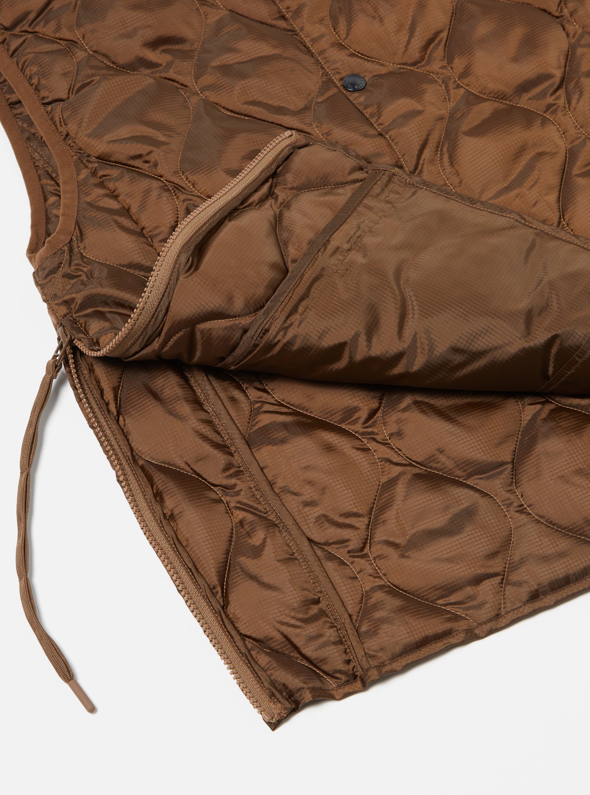 Taion by F/CE. Packable Down Vest in Brown Nylon Ripstop/Duck Down