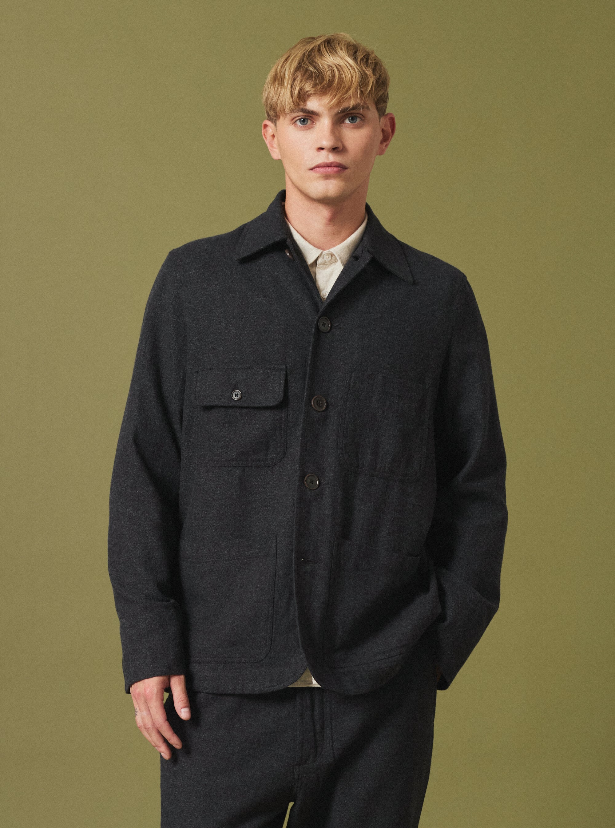 Universal Works Merchant Jacket in Charcoal Veta Upcycled Cotton