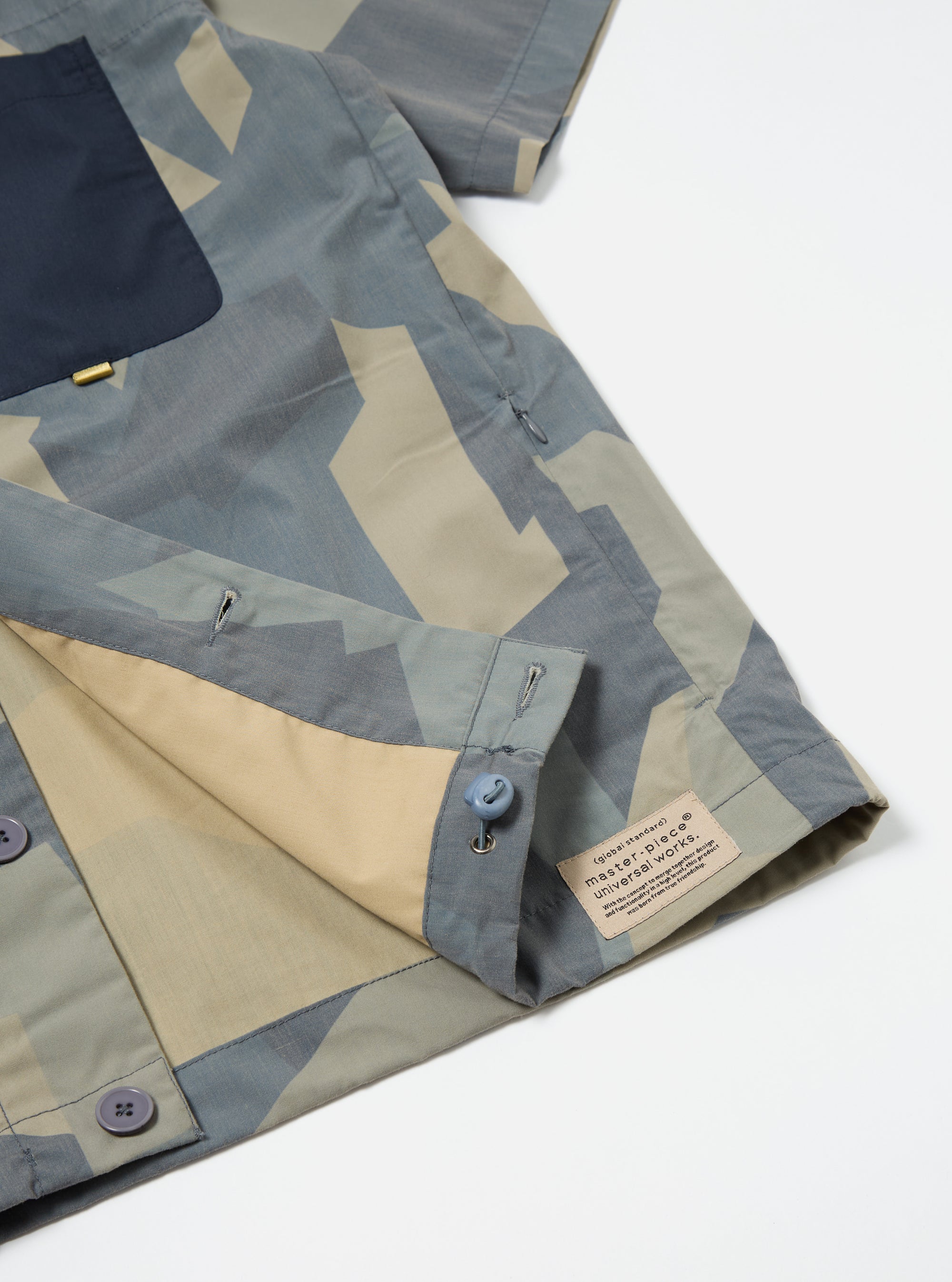 master-piece x Universal Works Tech Overshirt in Blue Camo Printed Recycled Polytech