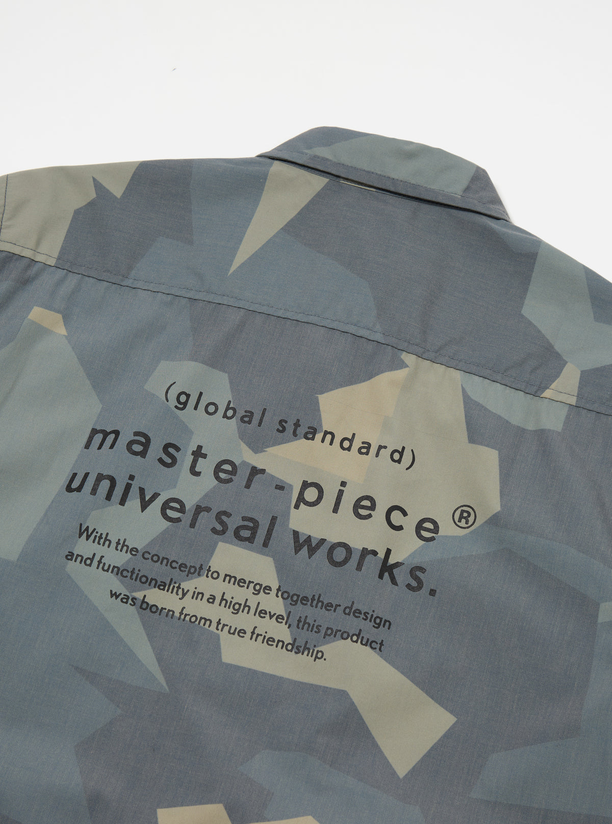 master-piece x Universal Works Tech Overshirt in Blue Camo Printed Recycled Polytech