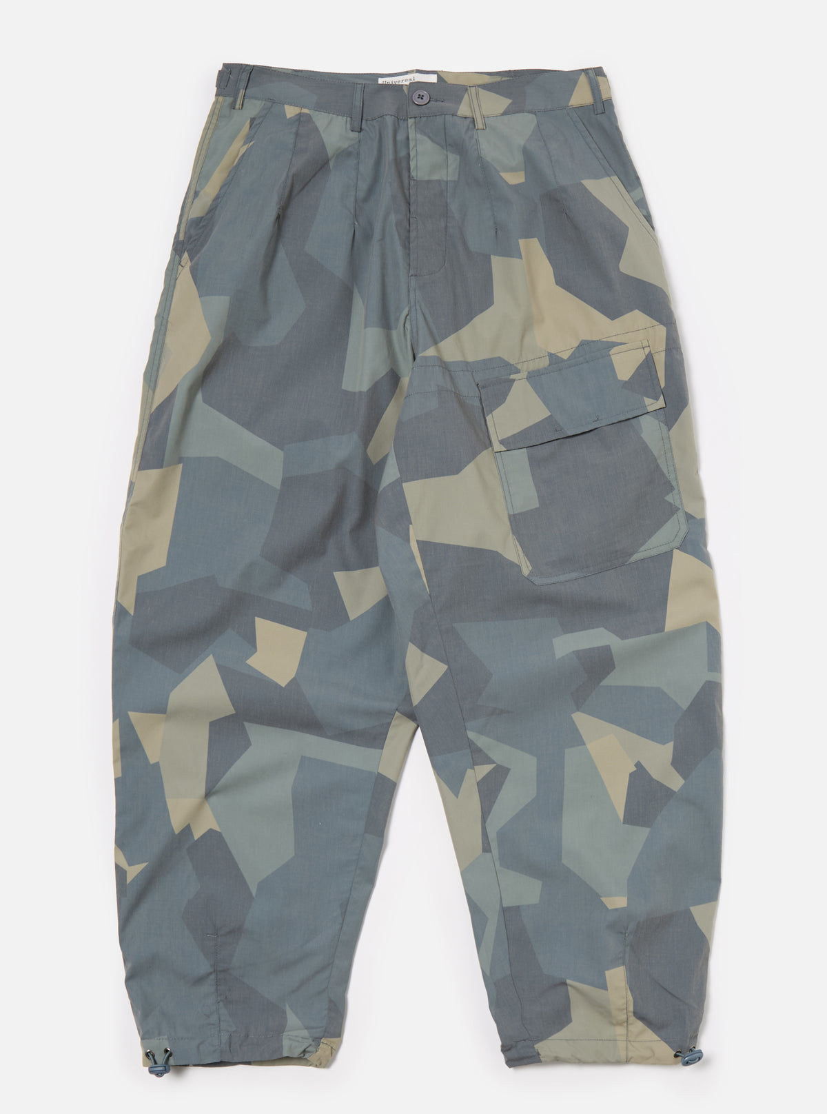 master-piece x Universal Works Loose Pilot Trouser in Blue Camo Printed Recycled Polytech