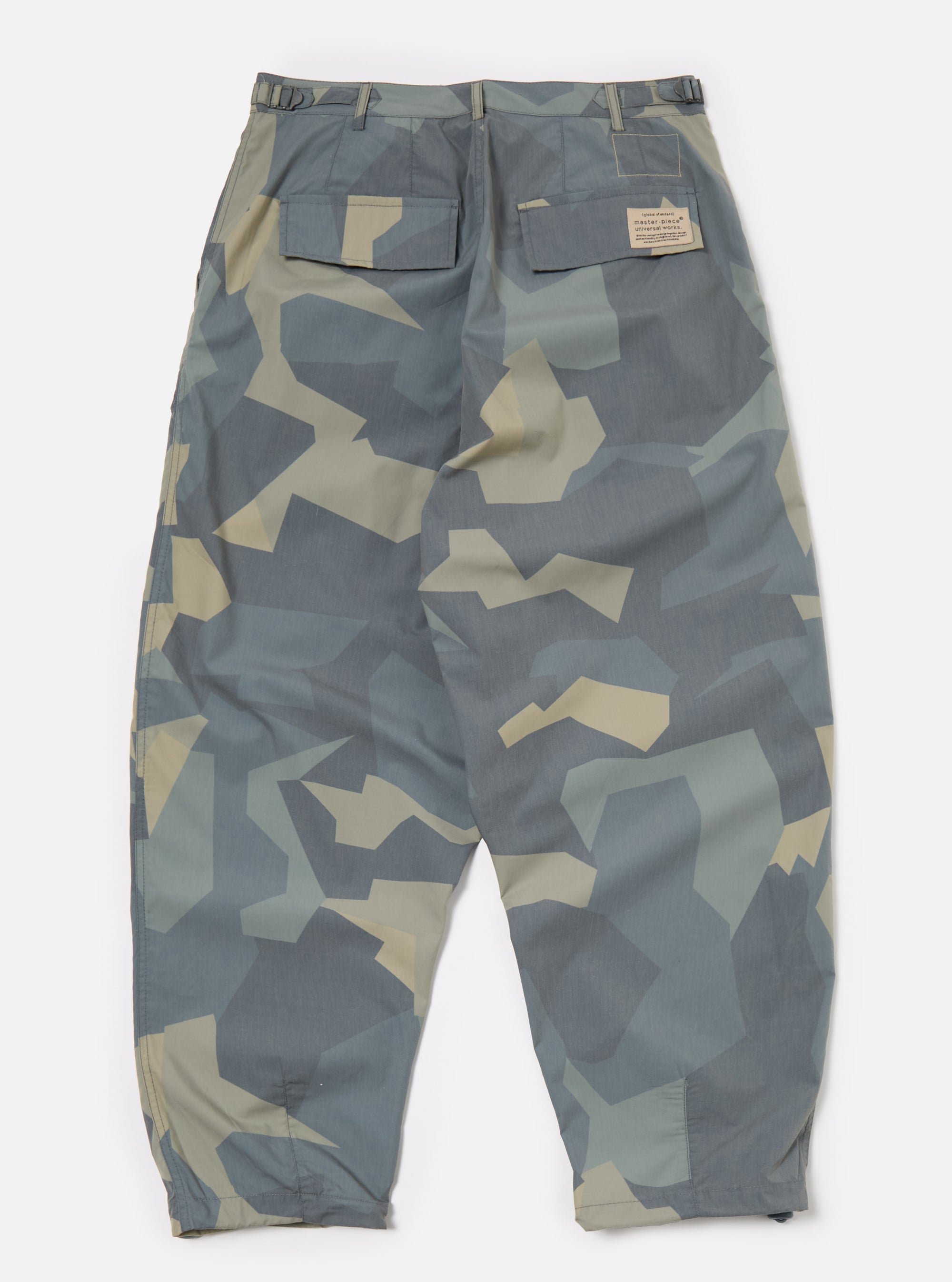 master-piece x Universal Works Loose Pilot Trouser in Blue Camo Printed Recycled Polytech