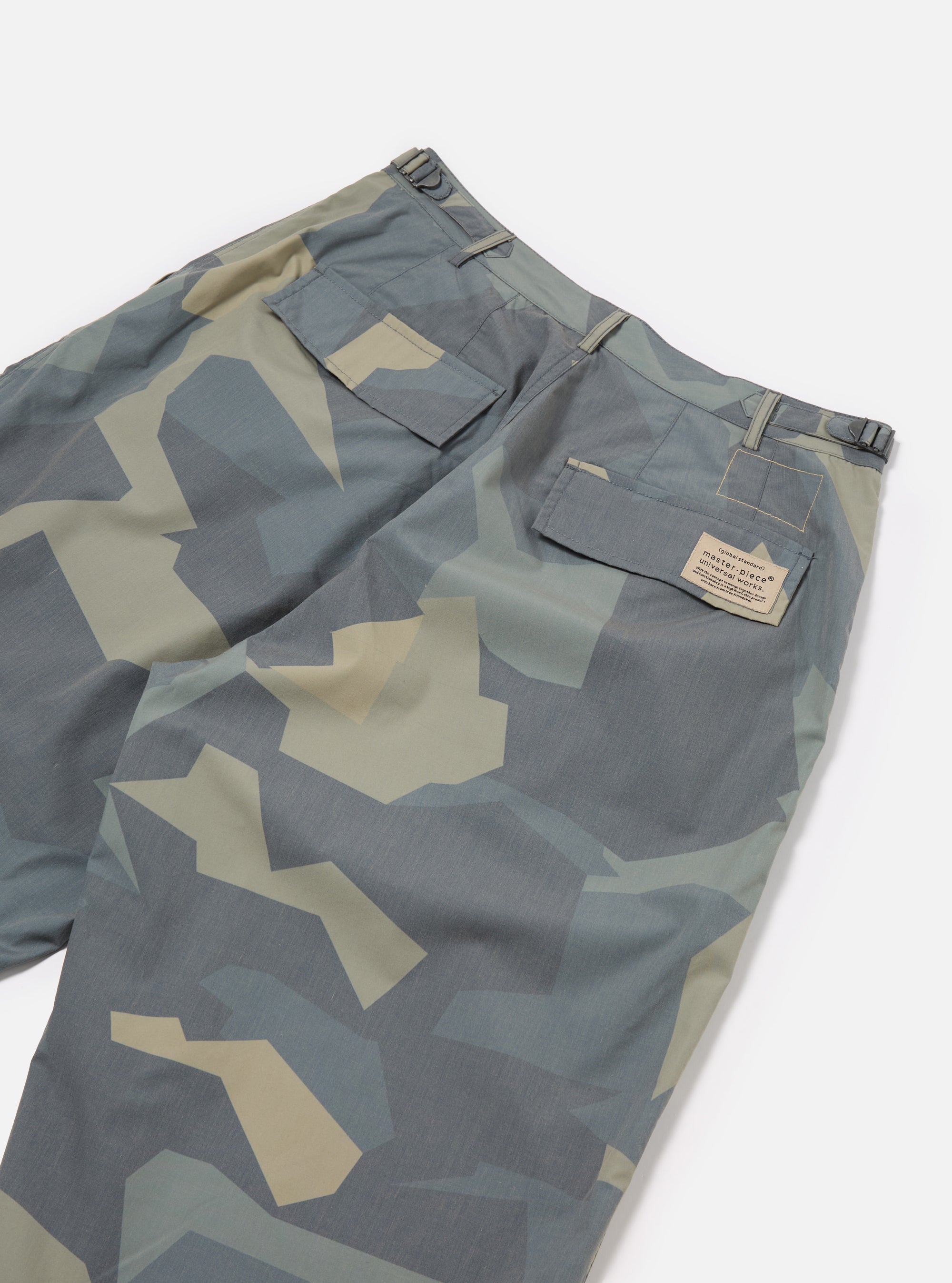 master-piece x Universal Works Loose Pilot Trouser in Blue Camo Printed Recycled Polytech