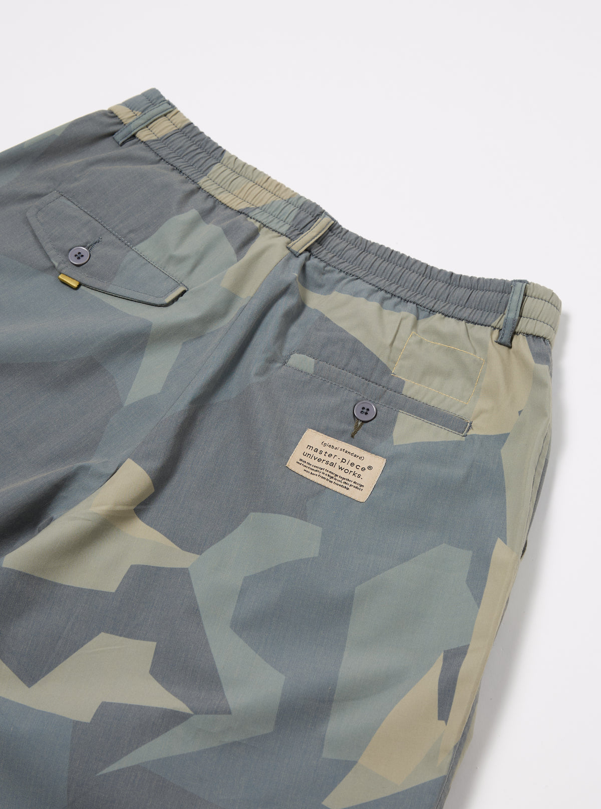 master-piece x Universal Works Pleated Track Short in Blue Camo Printed Recycled Polytech