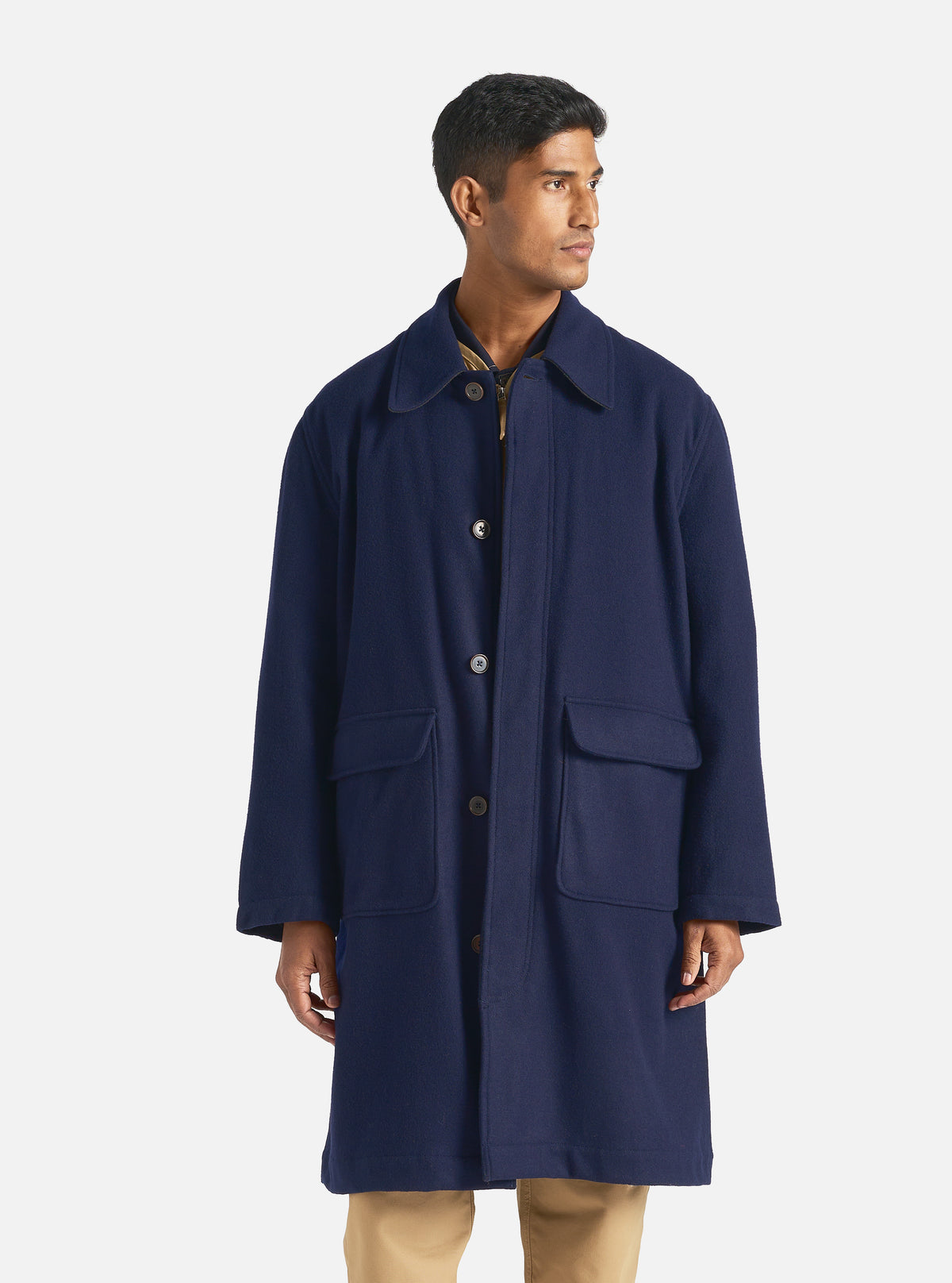 Universal Works Account Coat in Navy Melton