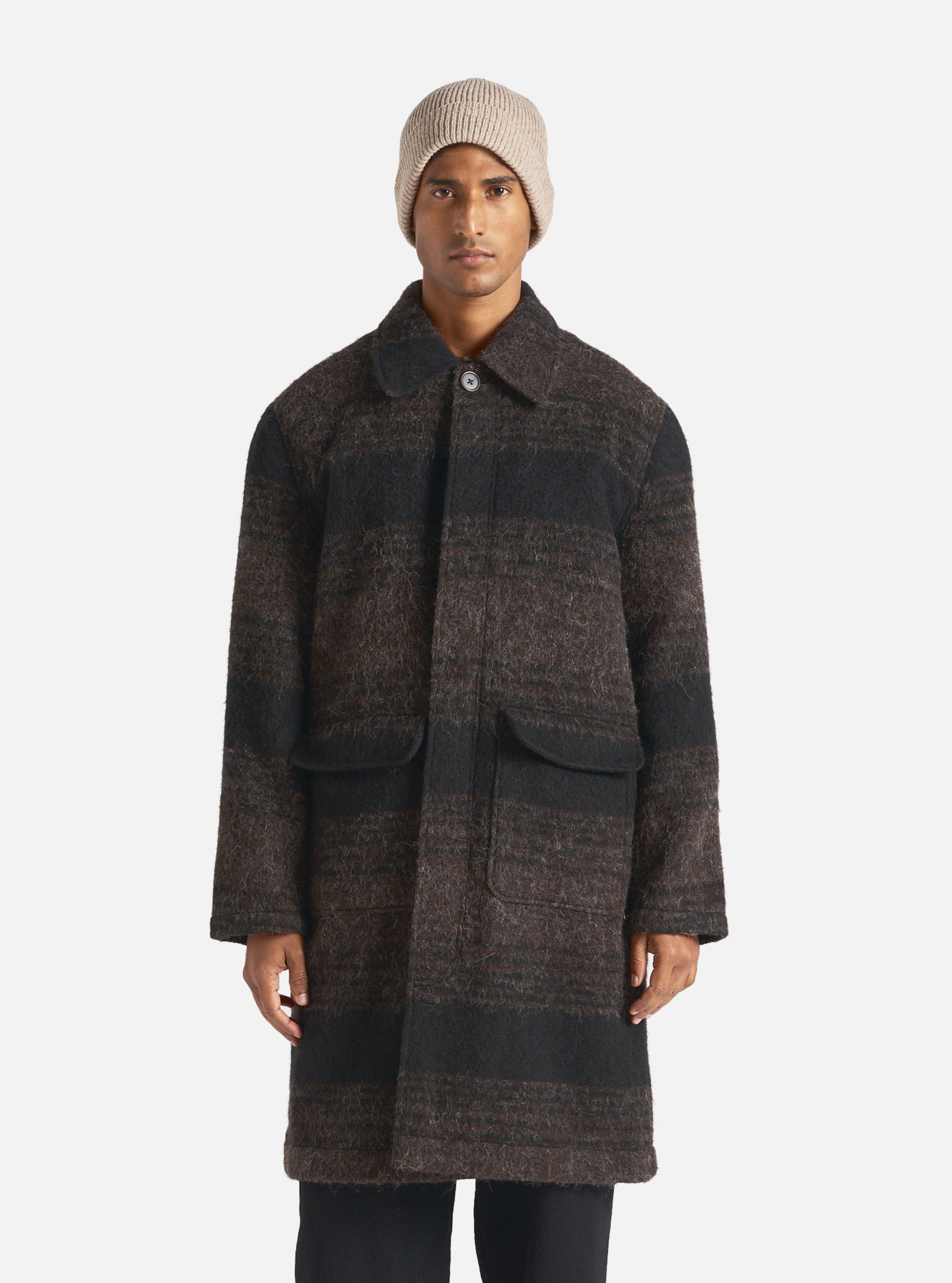 Universal Works Account Coat in Brown Black Alpaca Recycled Mix