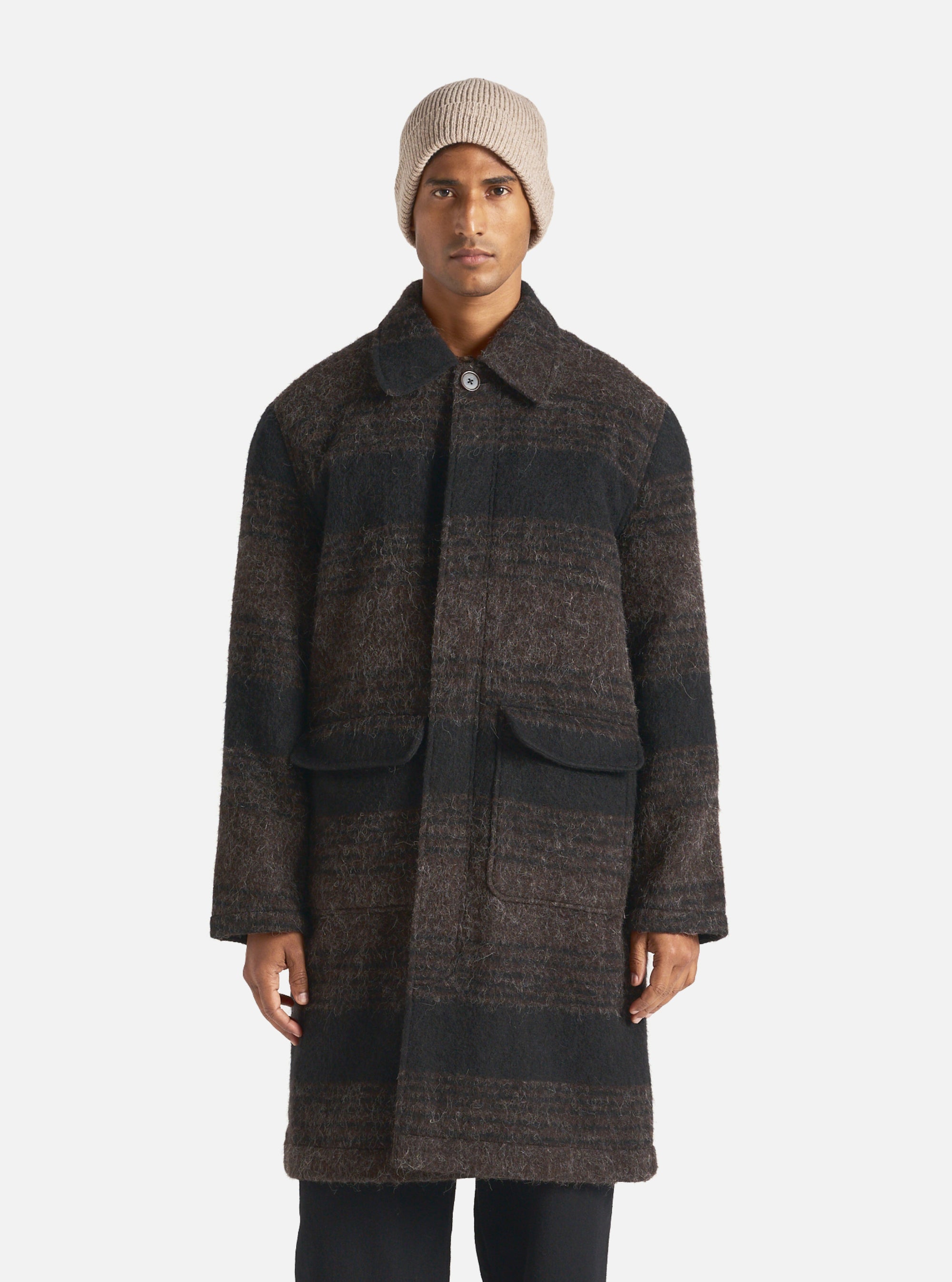 Universal Works Account Coat in Brown/Black Alpaca Recycled Mix