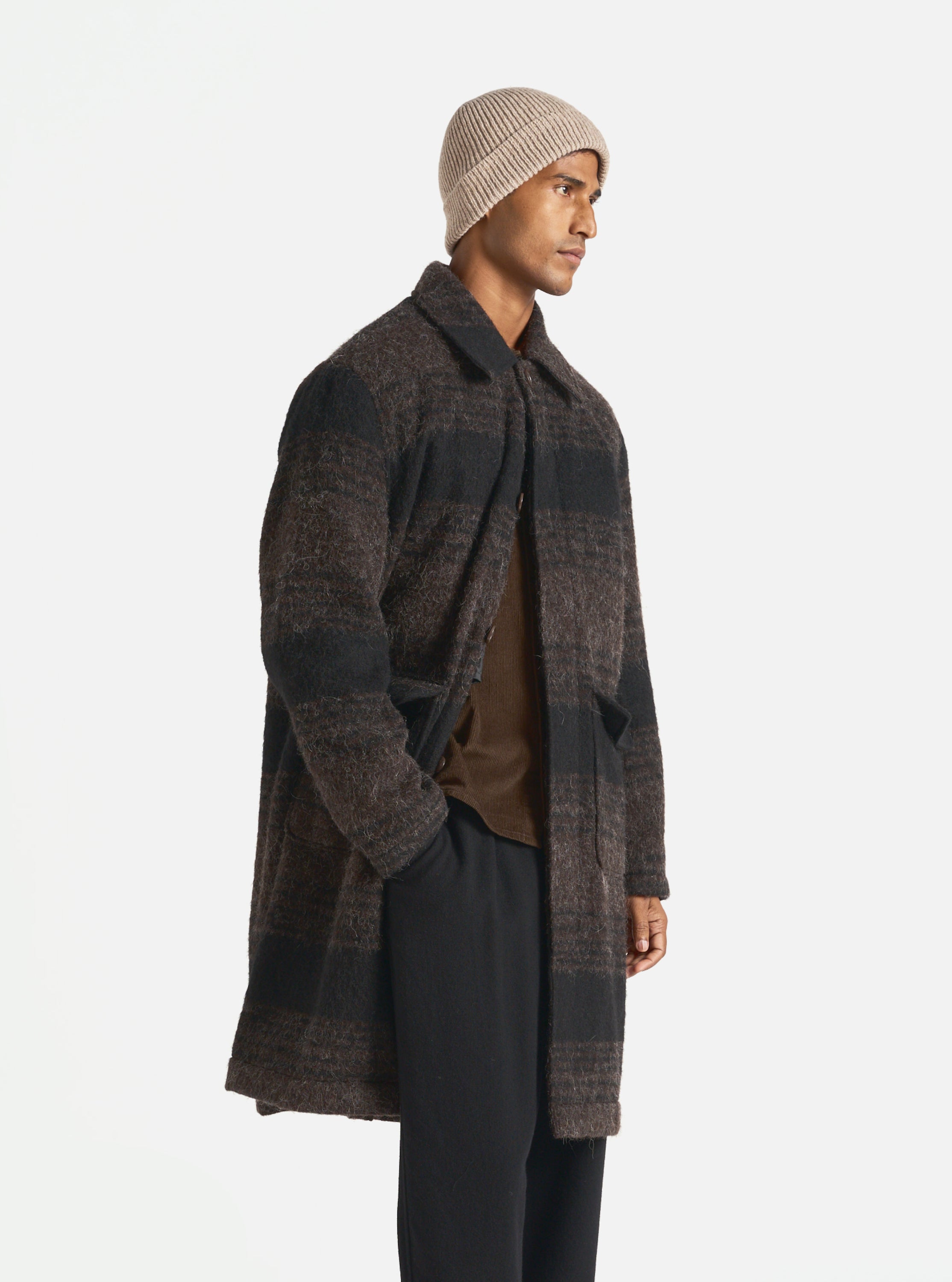 Universal Works Account Coat in Brown Black Alpaca Recycled Mix