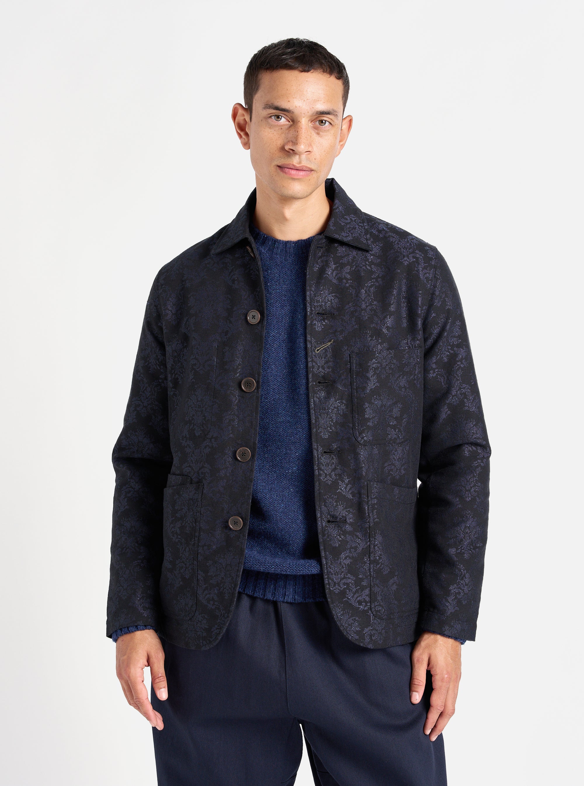 Universal Works Bakers Jacket in Black Starry Night Cotton Mix