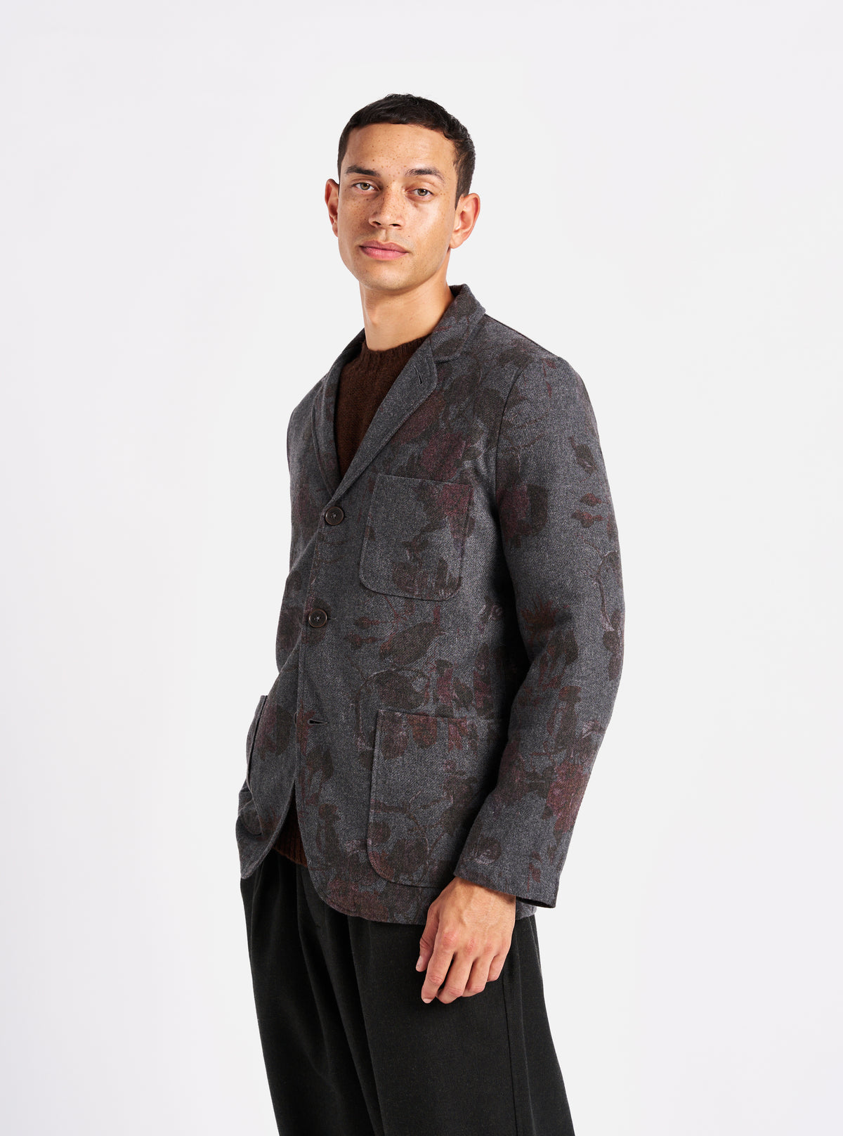 Universal Works Three Button Jacket in Mid Grey Printed Flannel