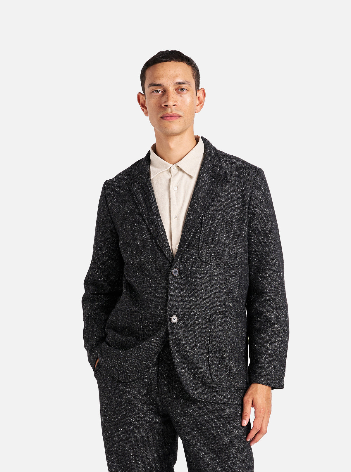 Universal Works Two Button Jacket in Black Levisham Wool Mix