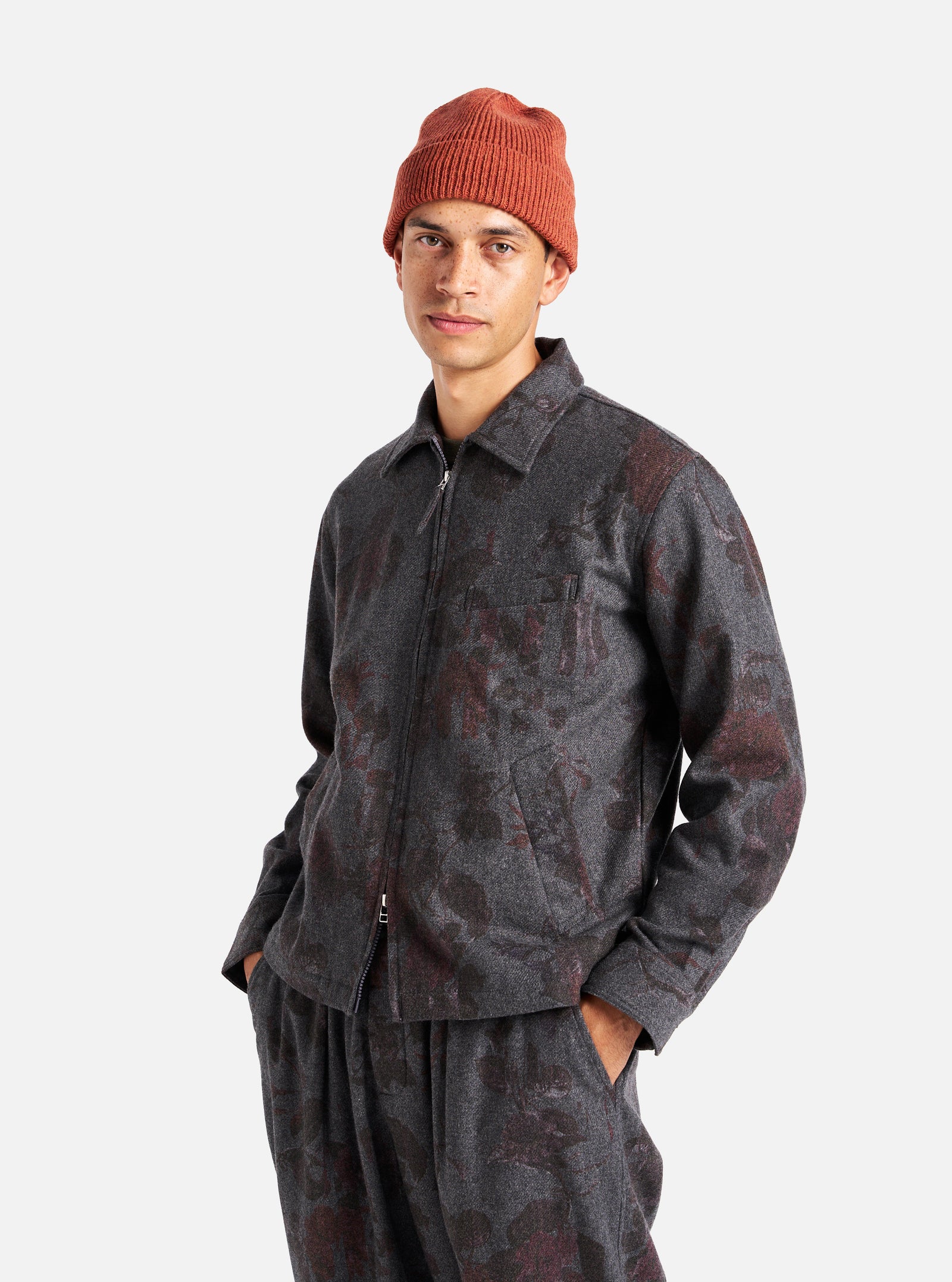 Universal Works Windcheater in Mid Grey Printed Flannel