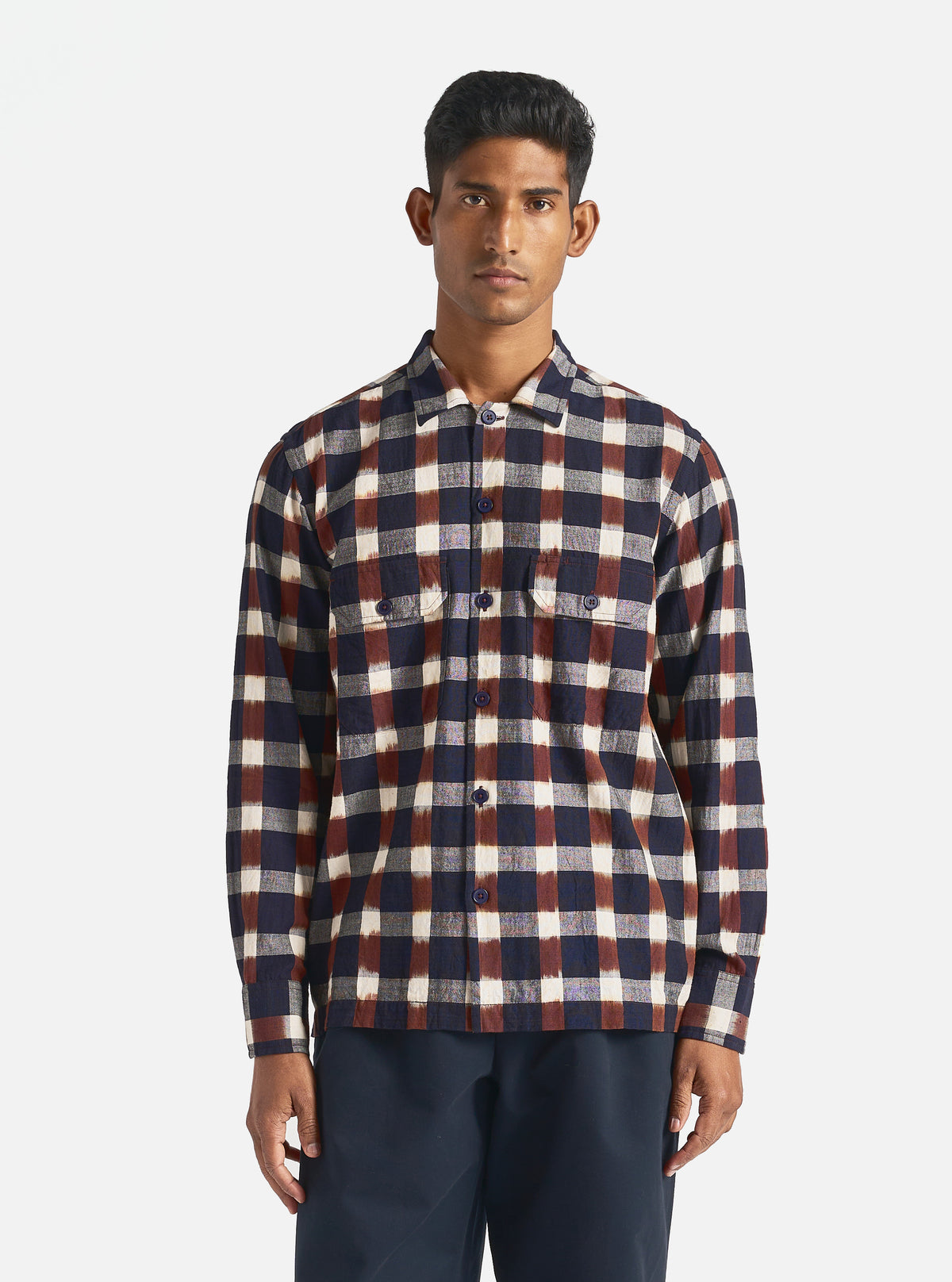 Universal Works L/S Utility Shirt in Navy/Brown Check Ikat