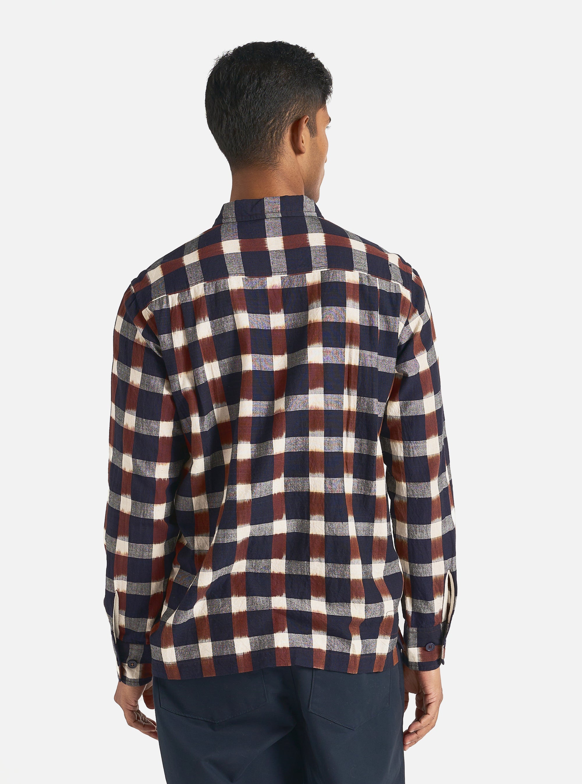 Universal Works L/S Utility Shirt in Navy/Brown Check Ikat