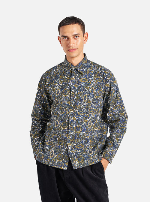 Universal Works Lazy Day Shirt in Navy Artist Print Cotton