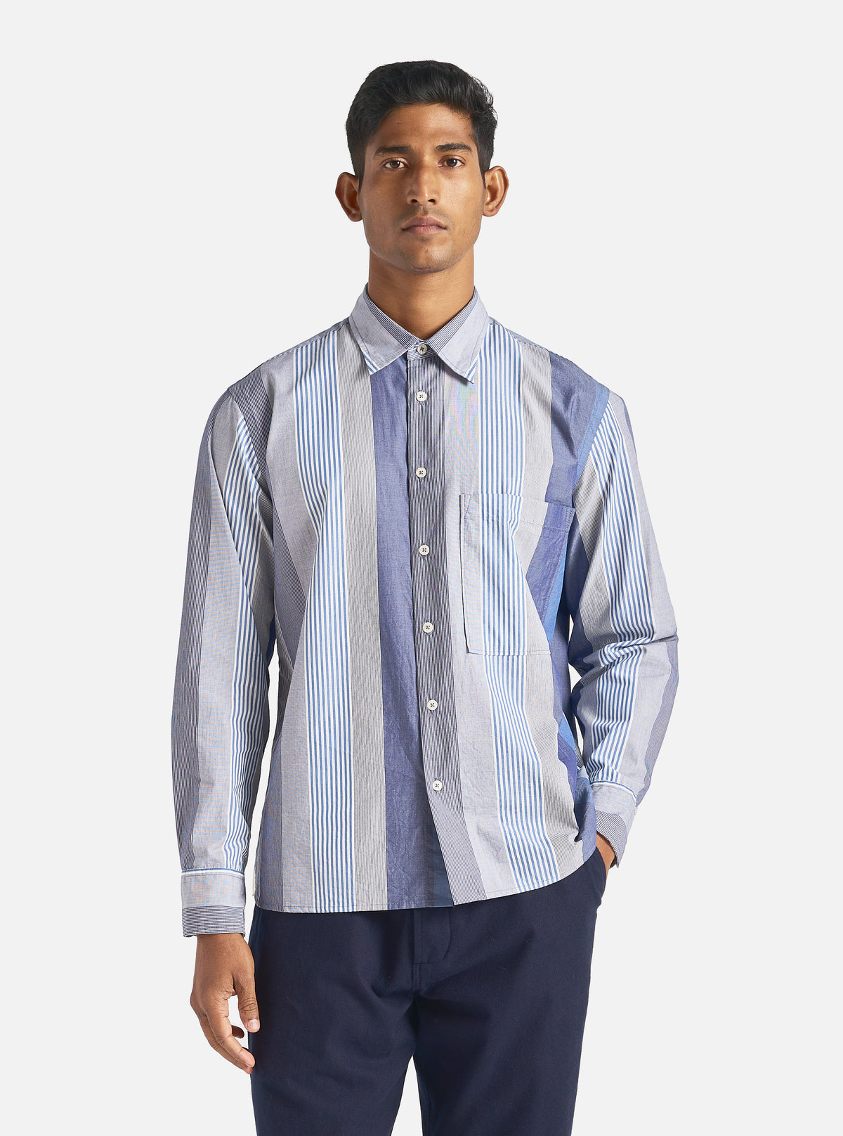 Universal Works Square Pocket Shirt in Blue Multi Stripe Cotton