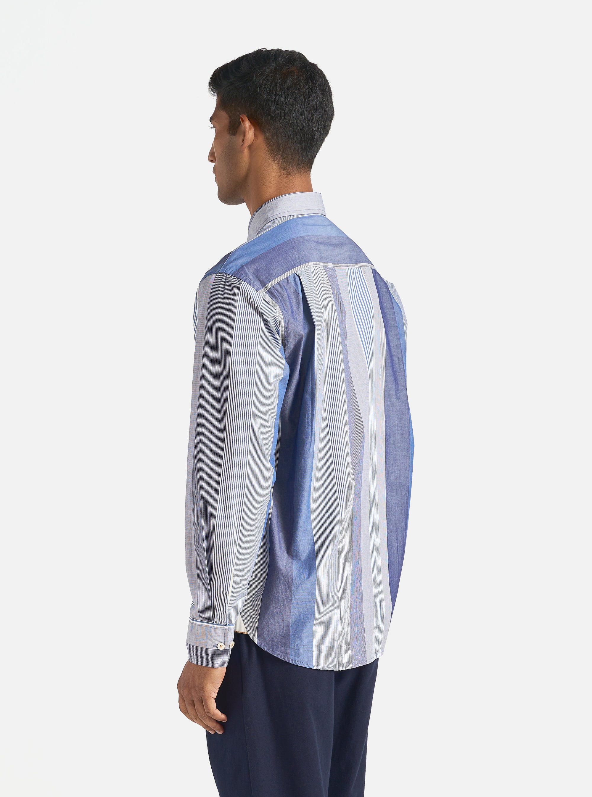 Universal Works Square Pocket Shirt in Blue Multi Stripe Cotton