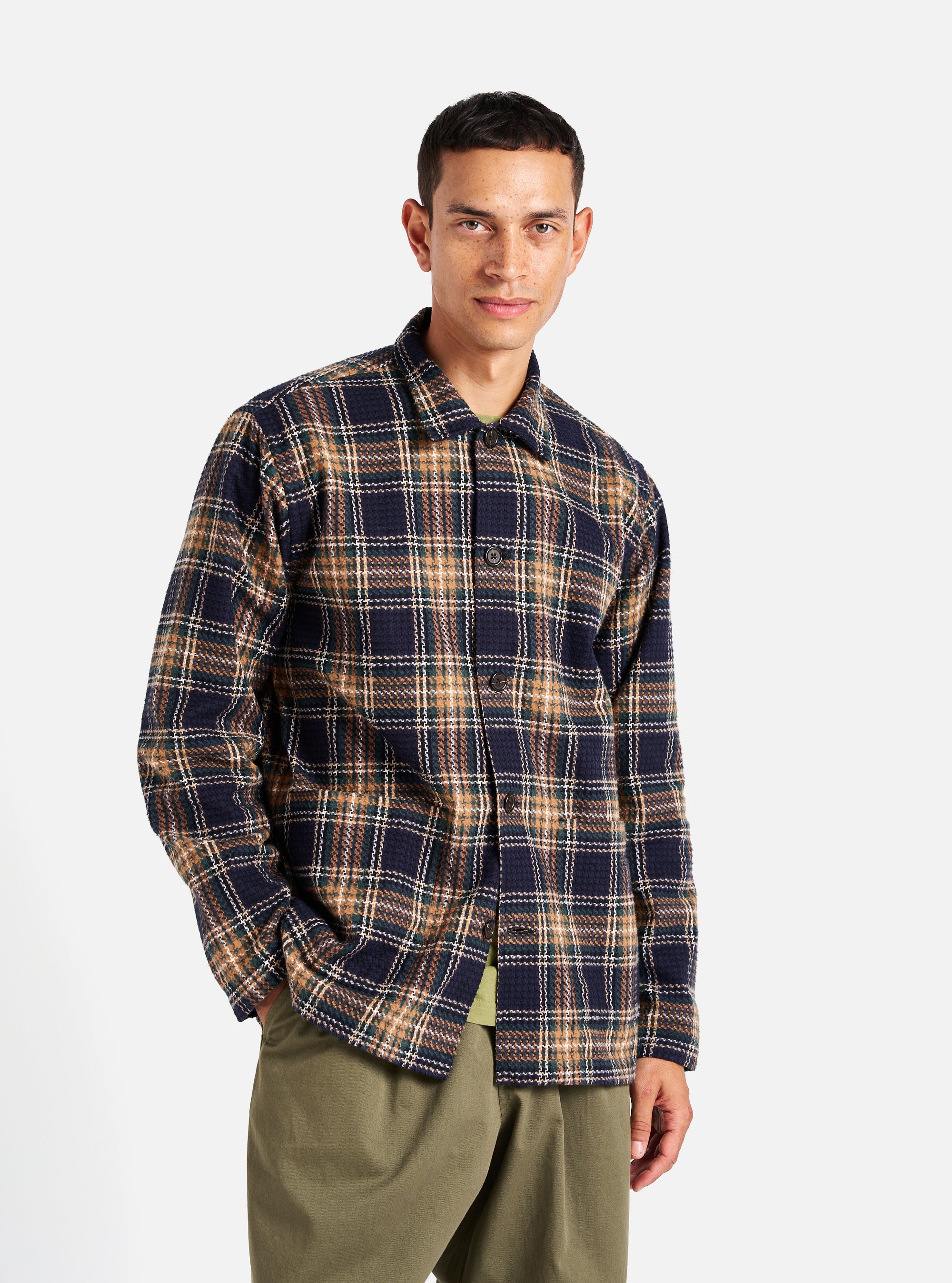 Universal Works Easy Jacket in Navy/Green Lake Cotton