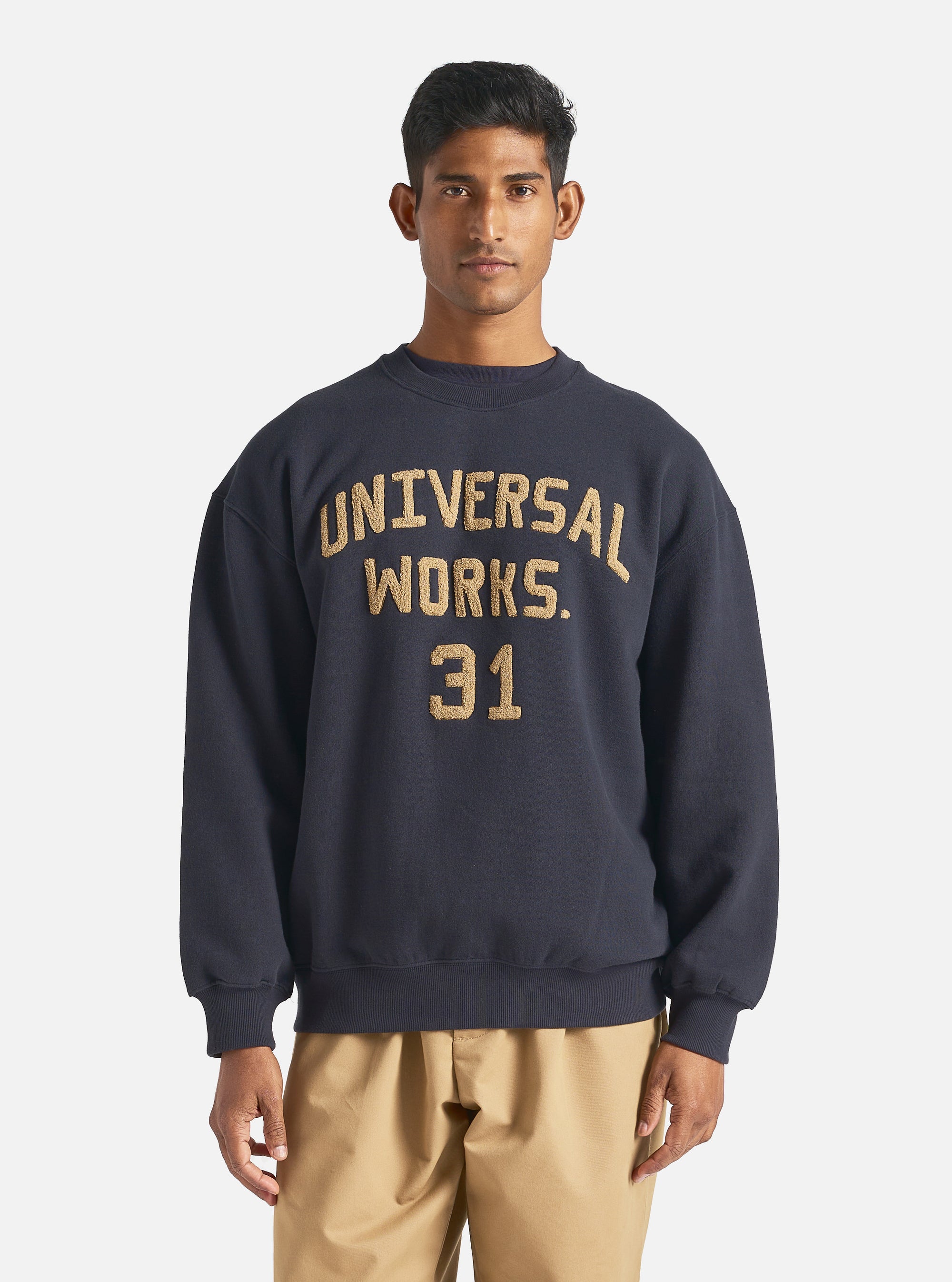 Universal Works Embroidered Sweatshirt in Navy Brush Back Sweat